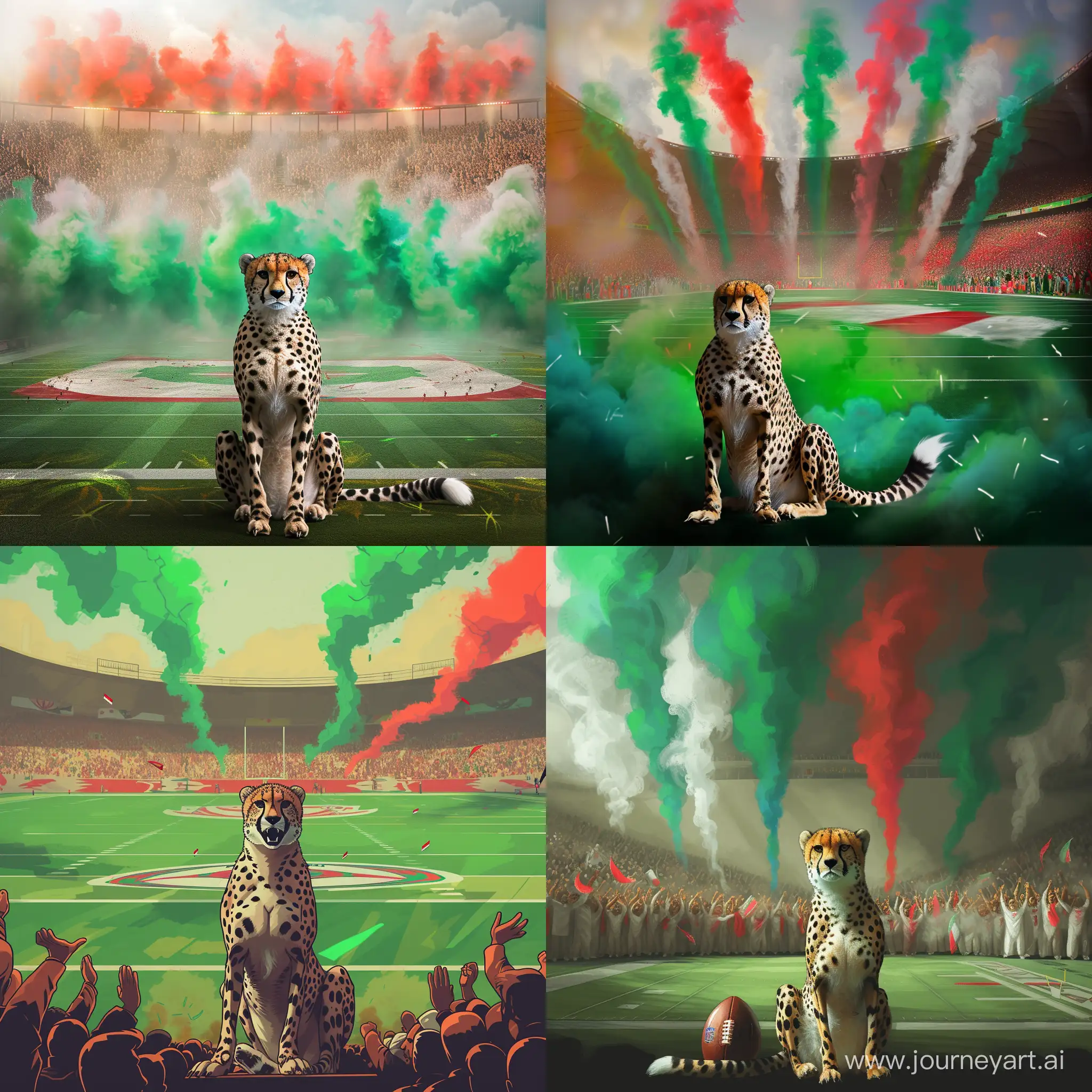 Iranian-Cheetah-on-Football-Field-with-Vibrant-Spectators