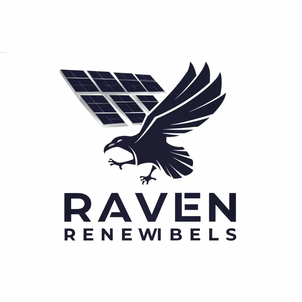 a logo design,with the text "Raven Renewables", main symbol:a raven dancing in front of a solar panel array,complex,be used in Construction industry,clear background