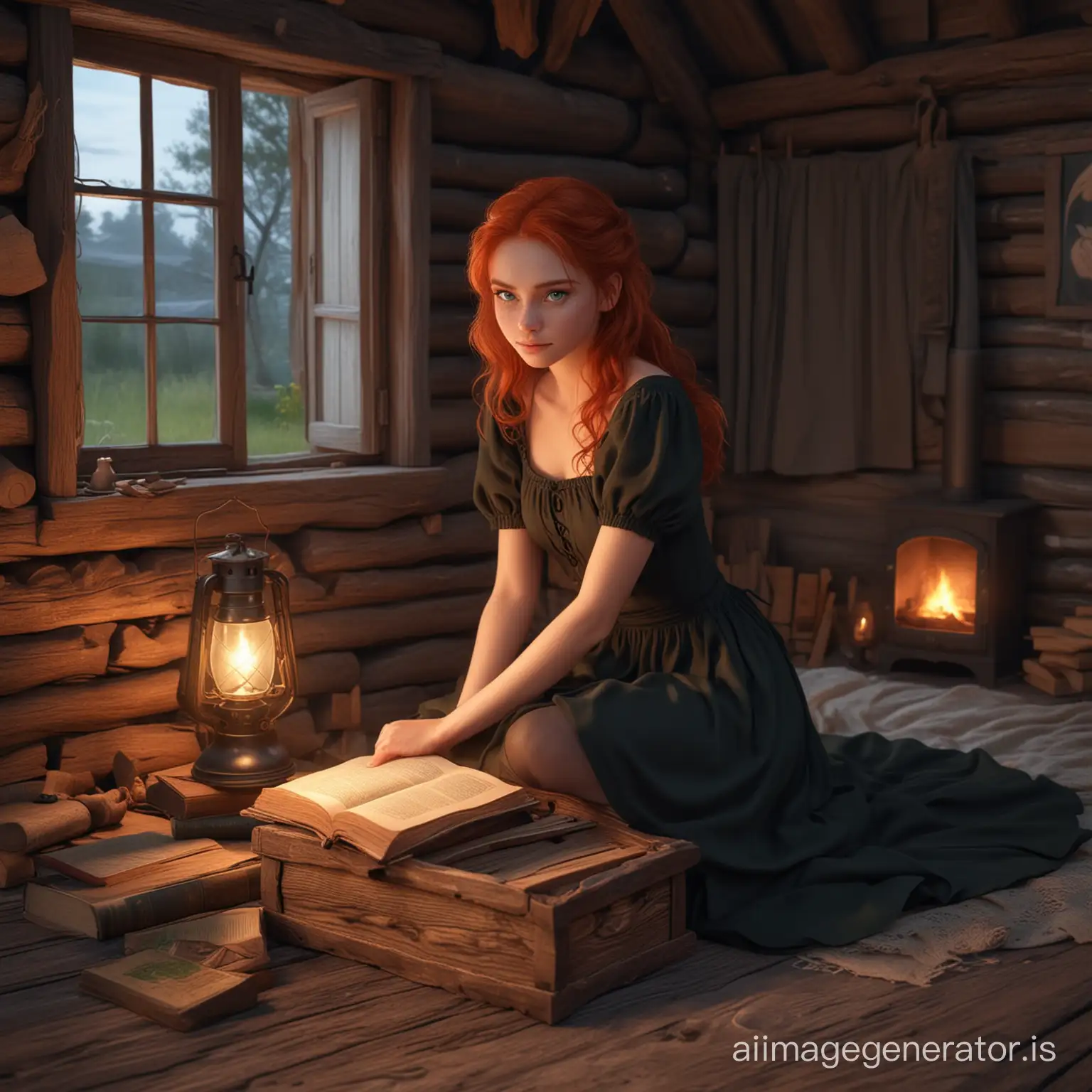 An adult girl with red hair and green eyes is very cute, in a black dress, sitting on a bed, next to there is a wooden box from which she takes out an old book, against the backdrop of an ancient interior of a log hut, night outside the window, cartoon style, 3D rendering, magical atmosphere