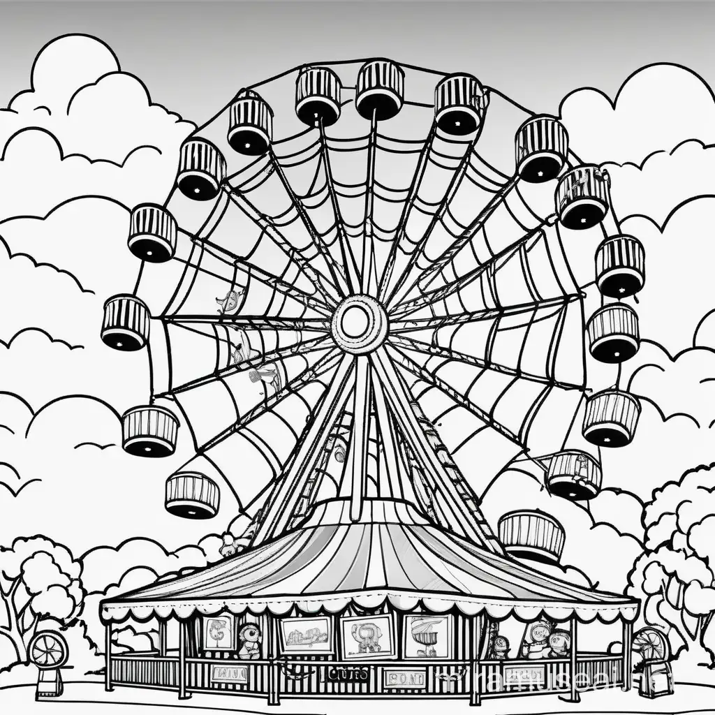 simple black and white coloring page that has a carnival ride under a sunny sky