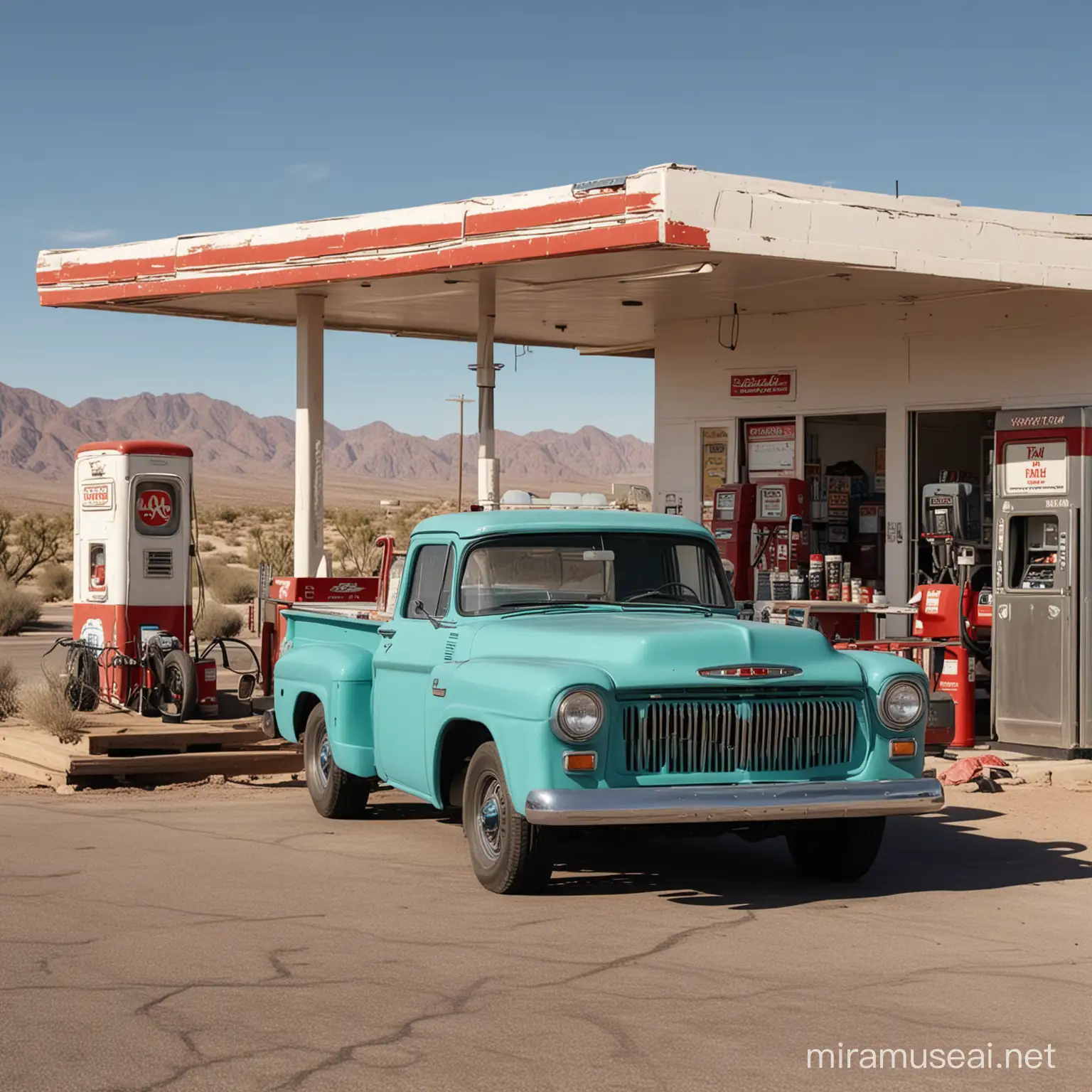 Desert gas station classic pickup truck anesthetic 4K