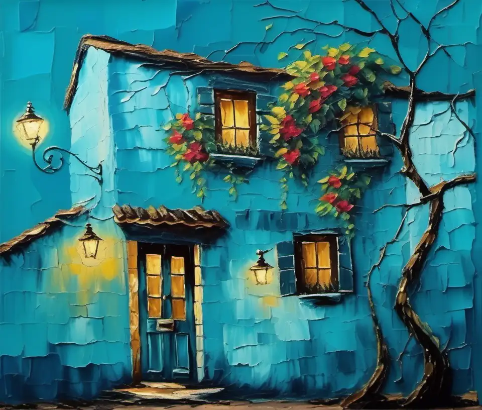 Blue turquoise  old roughly wall, old door, window, night time, english style old street lamp, beautifil lighting, bougenville vines till to the roof, acrylic palette knife, masterpiece, best quality, 