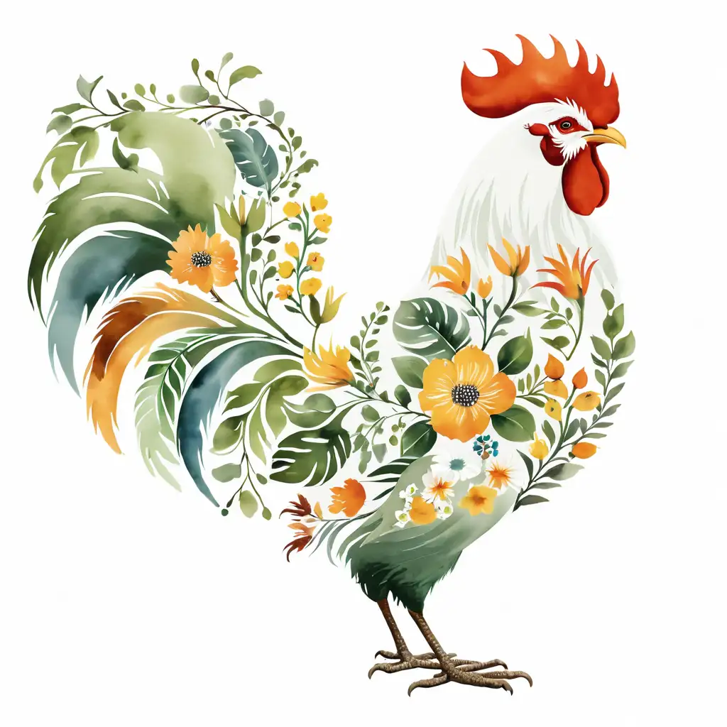 white background, floral rooster