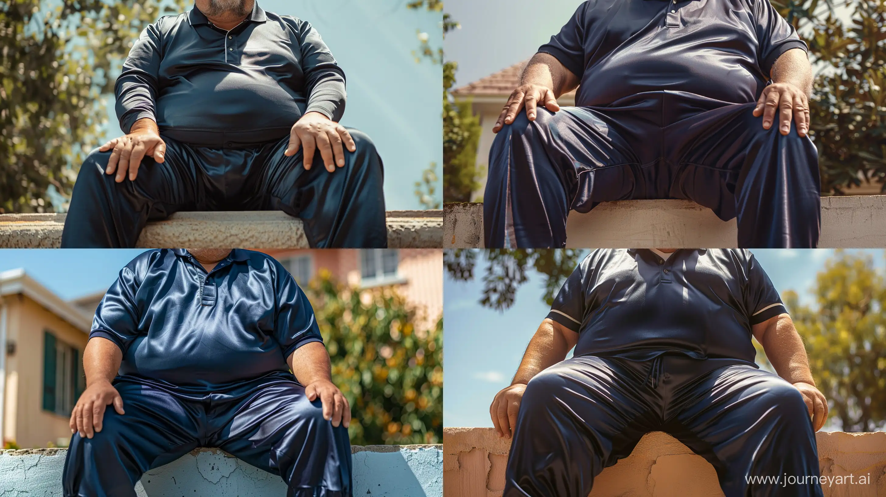 Front view close-up photo of a fat man aged 60 wearing silk navy tracksuit pants and a tucked silk sport polo shirt. Sitting wide on a wall outside. Hands on the wall. --style raw --ar 16:9