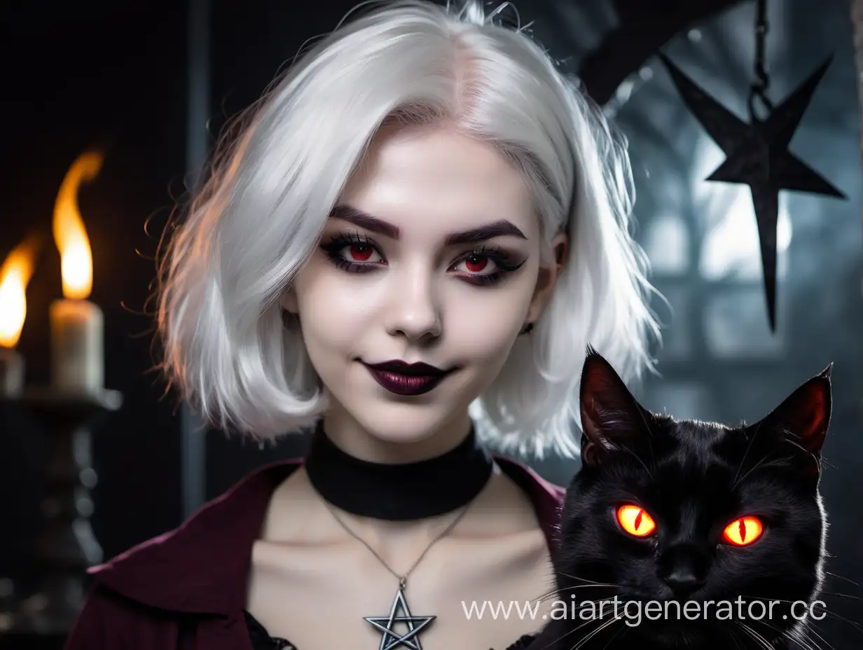 Девушка с белыми волосами, короткой стрижкой, горящими глазами, бордовой помадой, ухмыляется, кулон с пентаграмой и черный кот, ведьма
