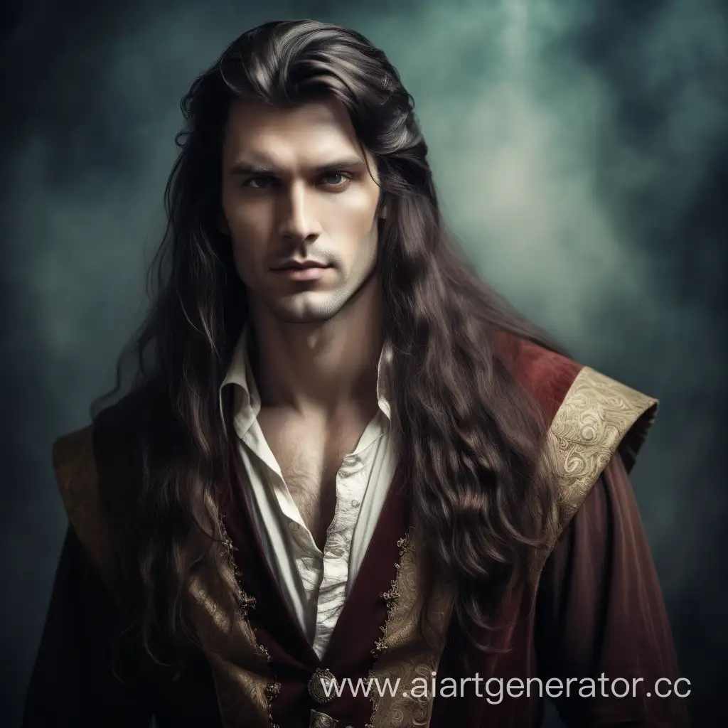 портрет длинноволосого мужчины брюнета в стиле старого фэнтези