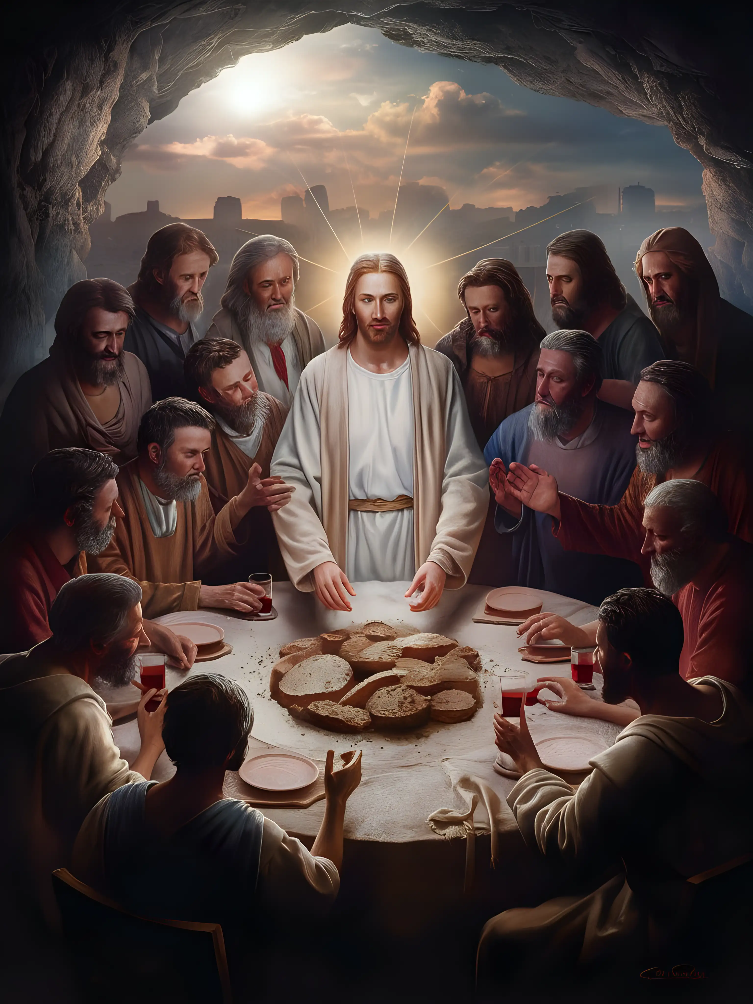 jesus in the middle, shine, last supper, real, white, heavenly, glow,  12 man diciples, jerusalem, cave, bright, broken bread, clay wine, leonardo da vinci, indonesia