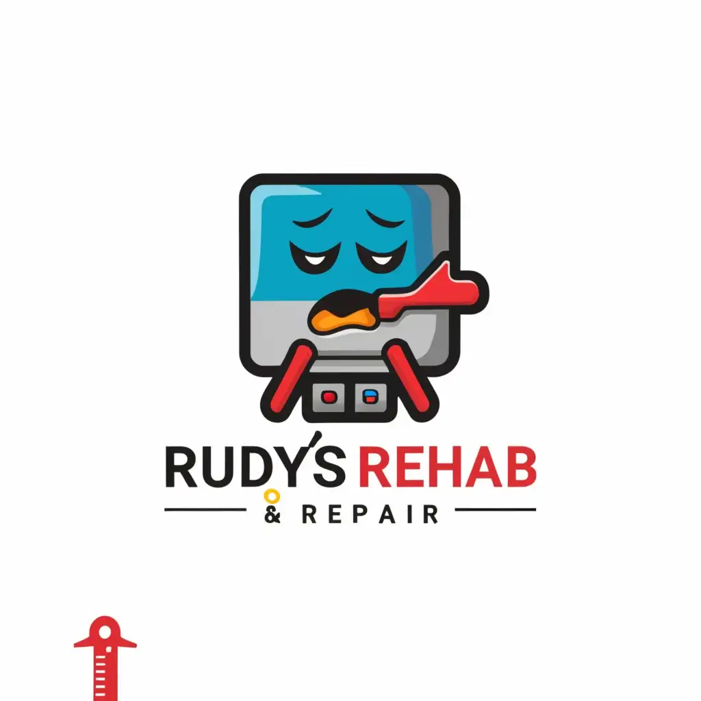 a logo design,with the text "Rudys Rehab & Repair", main symbol:computer that is sad, with thermomotor in mouth,Moderate,be used in Technology industry,clear background