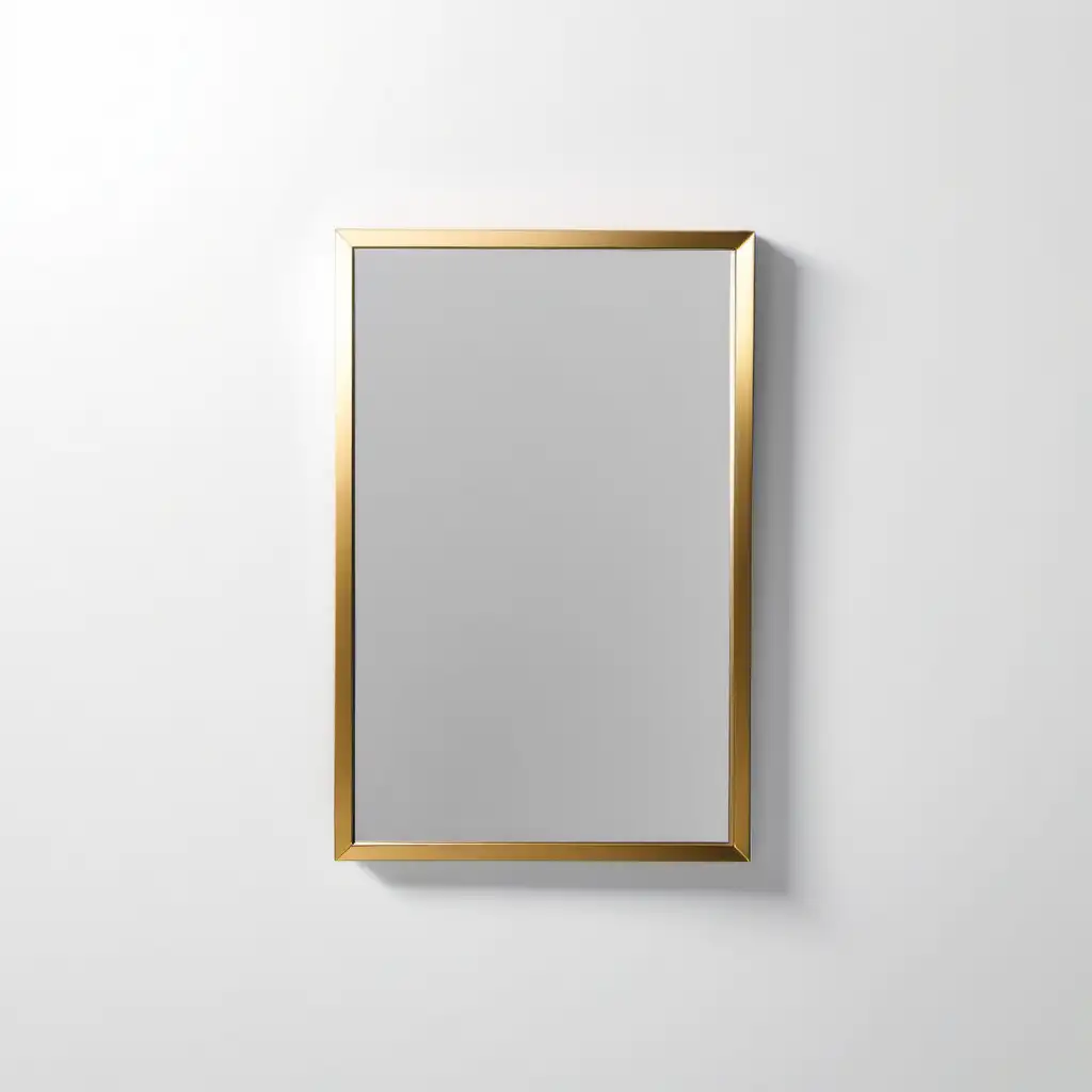lustro prostokątne. minimalistyczna aluminiowa rama o grubości 3 cm. Kolor ramy złoty.  Tło białe.