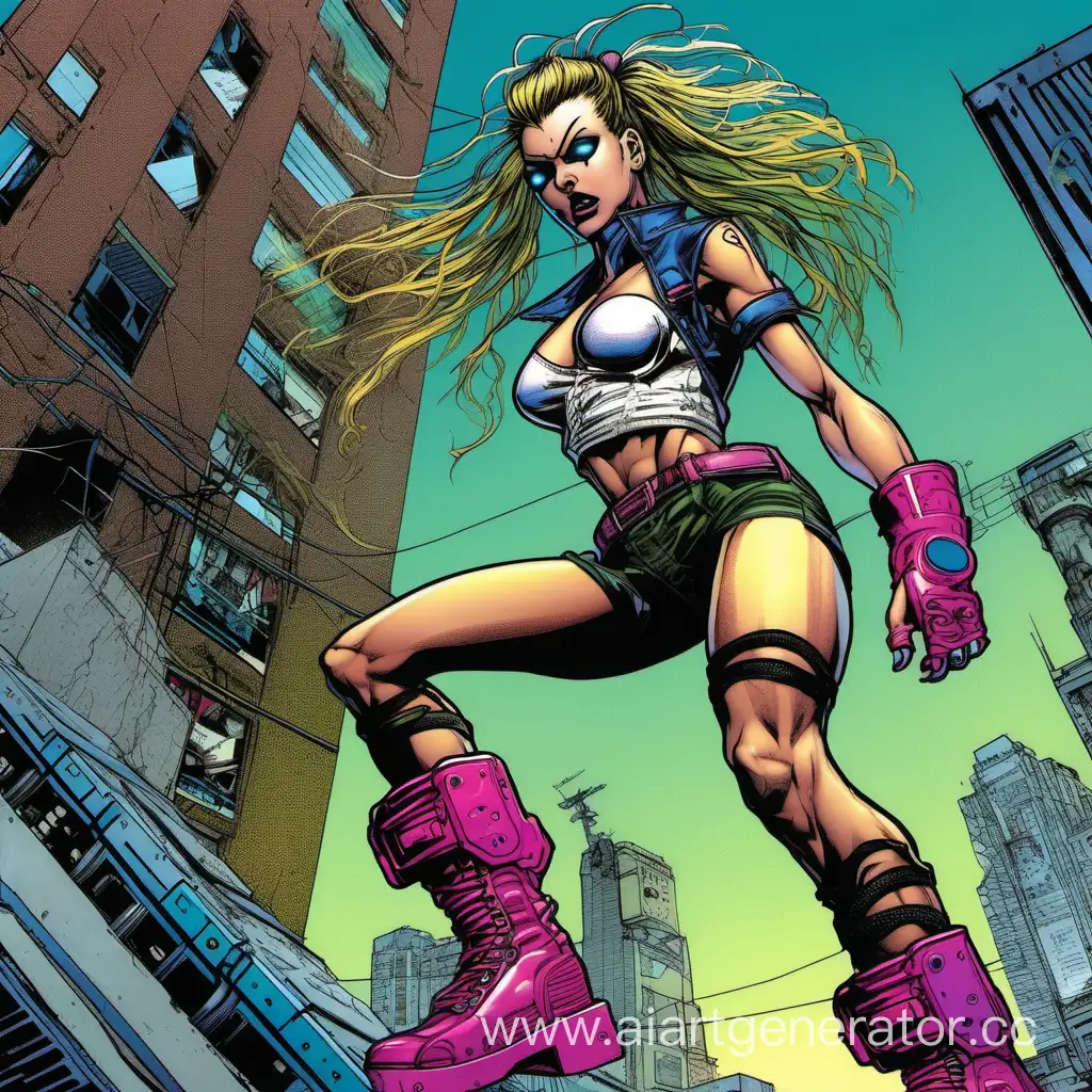 90s comics art, attack move, full height figure, cyberpunk, roller girl,  aggressive, colored