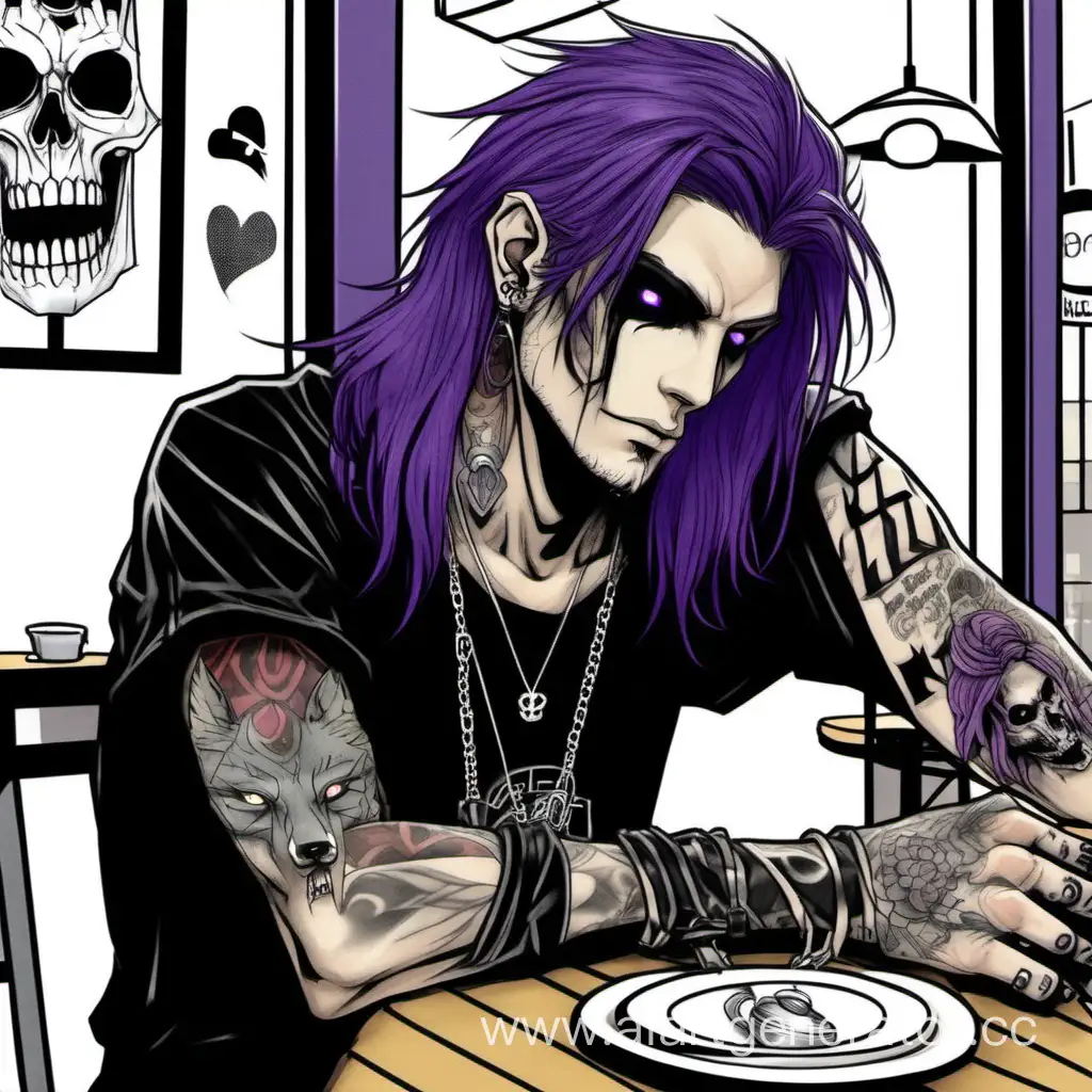 Высокий парень, с длинными чёрноыми в конце нежно фиолетовыми волосами, с чёрными глазами с черепом, и татуировка волка на руке, в панковской одежде, сидящий в кофе 