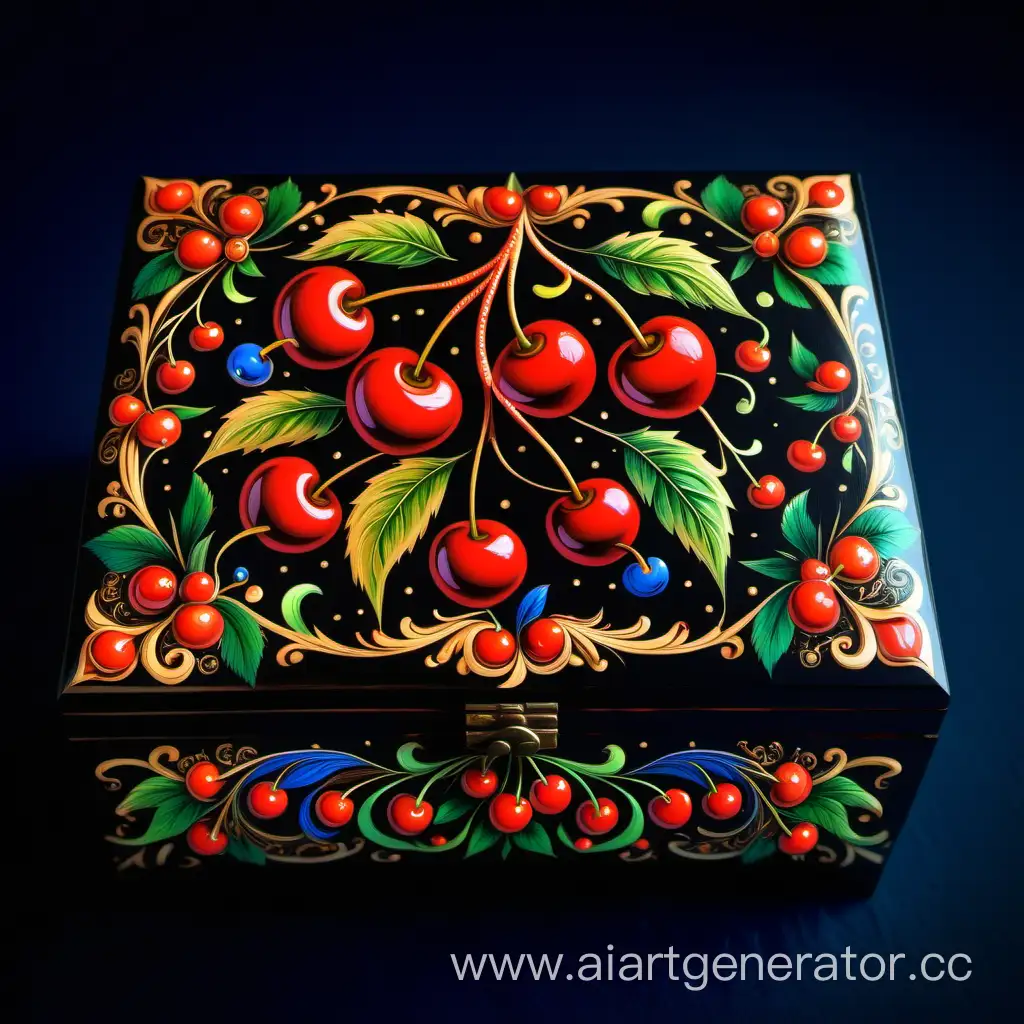 a wooden box painted in the style of Khokhloma!!!!!!!you can see the drawing on the box in the form of cherries and green leaves!!!!!!!!!!! against the background of the night sky!!!!!! glossy intricate design, bright colors, ornate and flowing, magical three-dimensional details, fantasy. intricate curls, beautiful ornate details, super-complex details, frontal light, octane number, medium sharpness, high detail