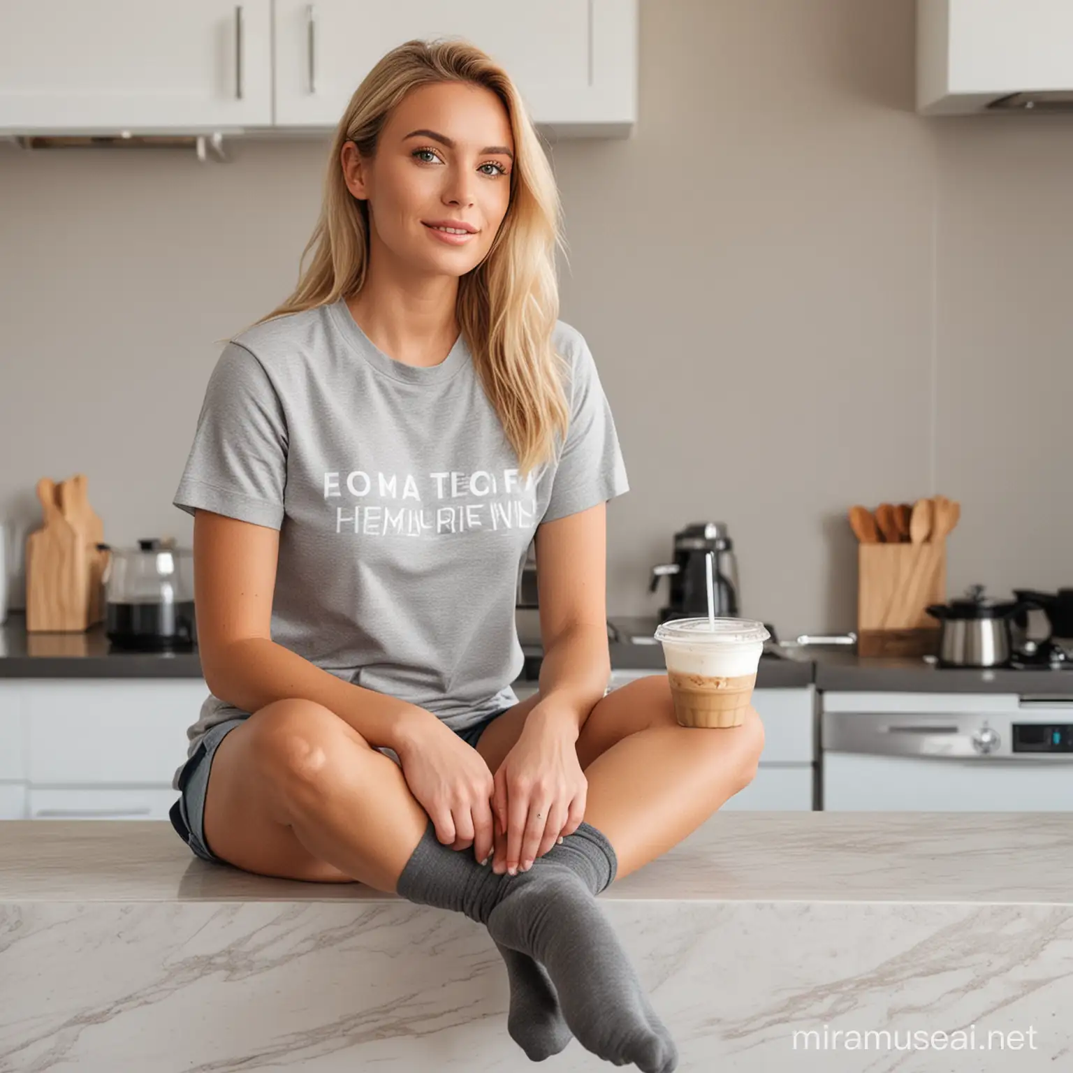 blonde woman wearing  grey t-shirt mockup holding a ice coffee, sitting on top of kitchen counter top, wearing socks