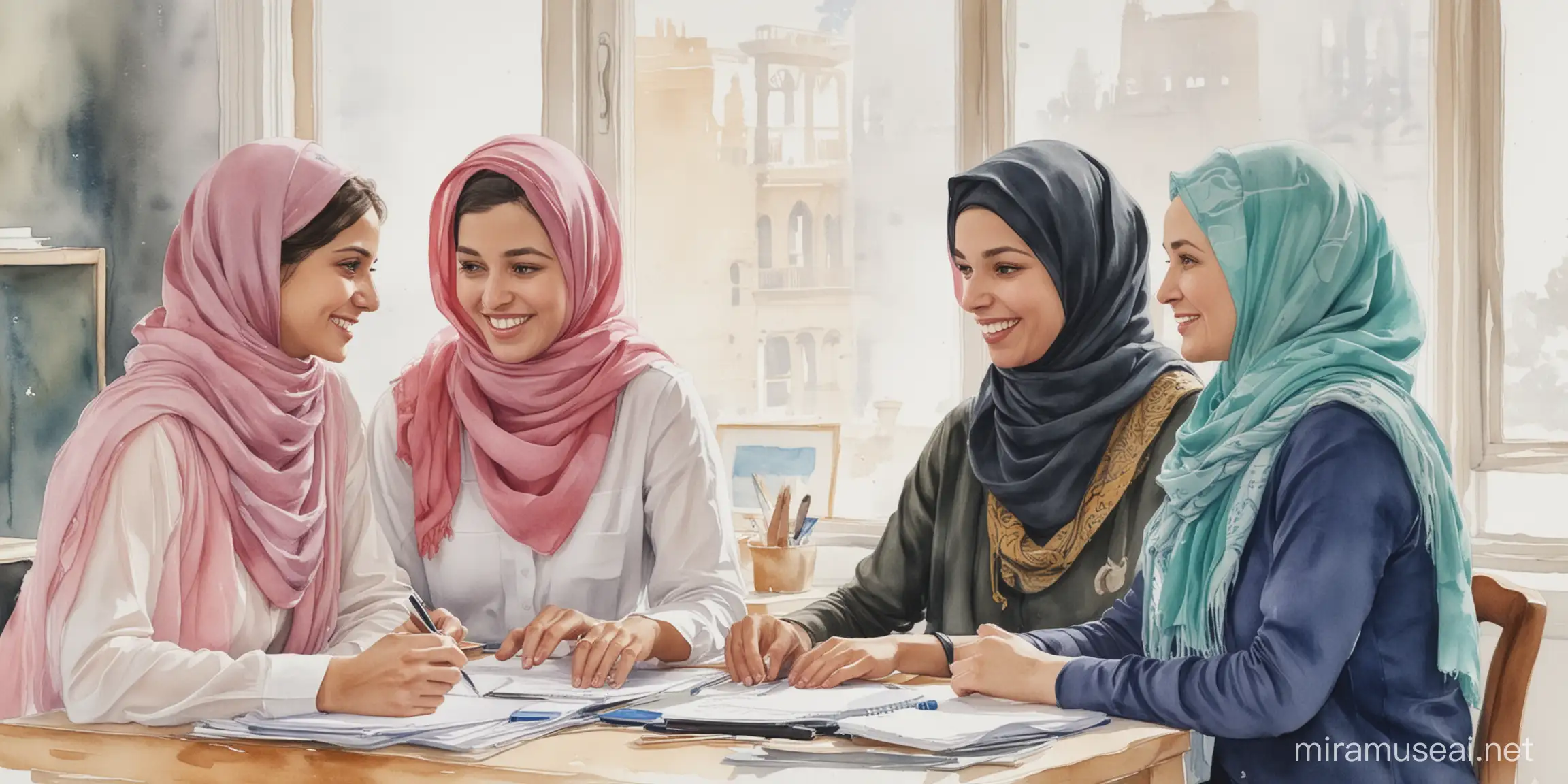 a watercolor image of two women sitting at a desk and talking with each other. The women are wearing scarfs like muslims  covering their hair. 