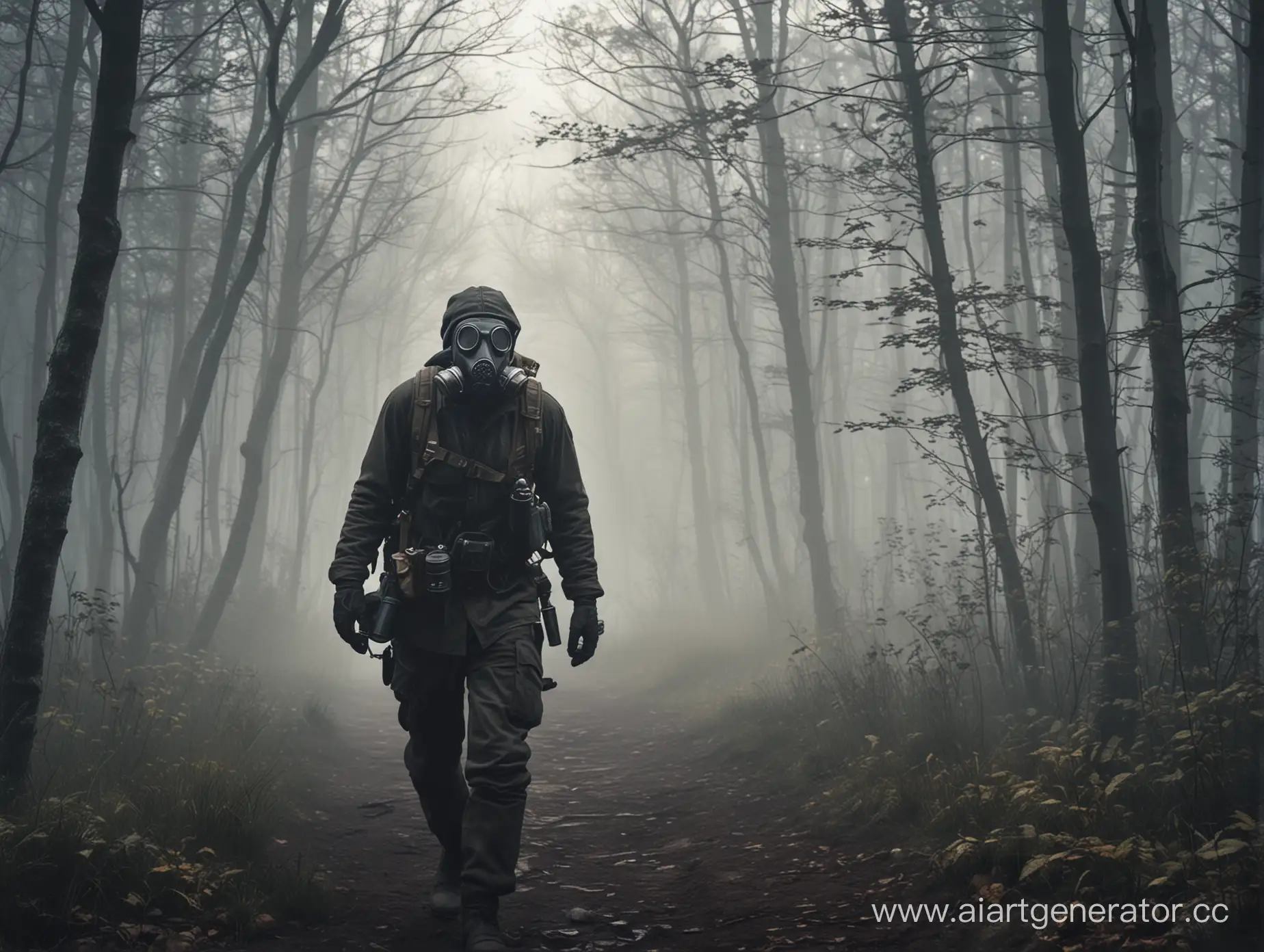 Нужна картинка по игре STALKER, на которой человек в противогазе идёт через лес с туманом ночью