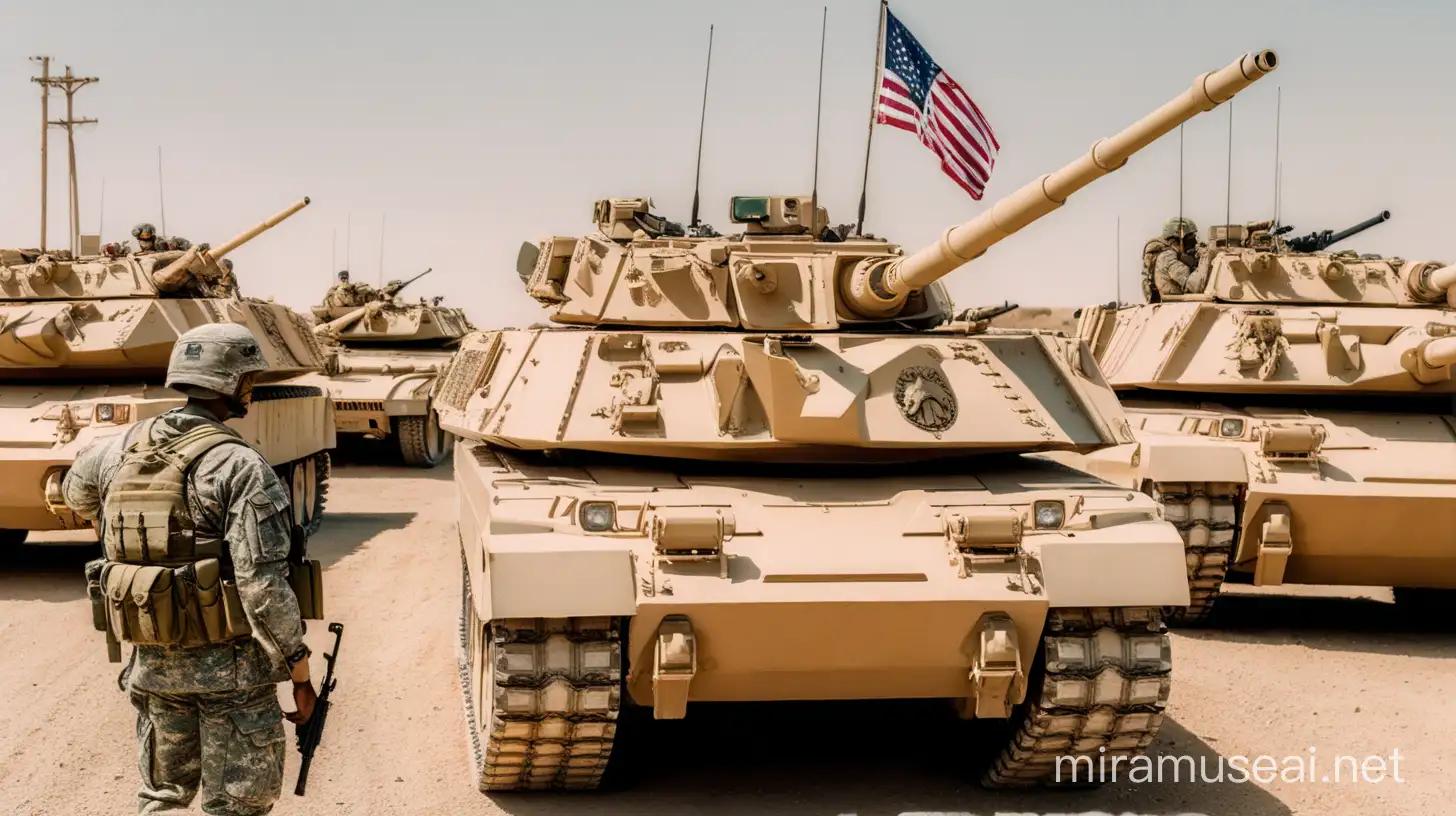 America Army Standing in front of the tank and army 
 cars and in the background dollars are falling 