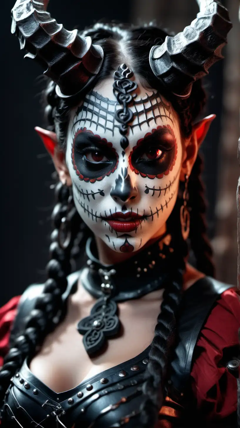 Seductive tiefling woman, large eyes. Wide mouth. Thin lips. Sharp nose. Curled horns. Red tinted skin. Black hair in braids. Day of the dead make up. Leather armor, black . Red skin color