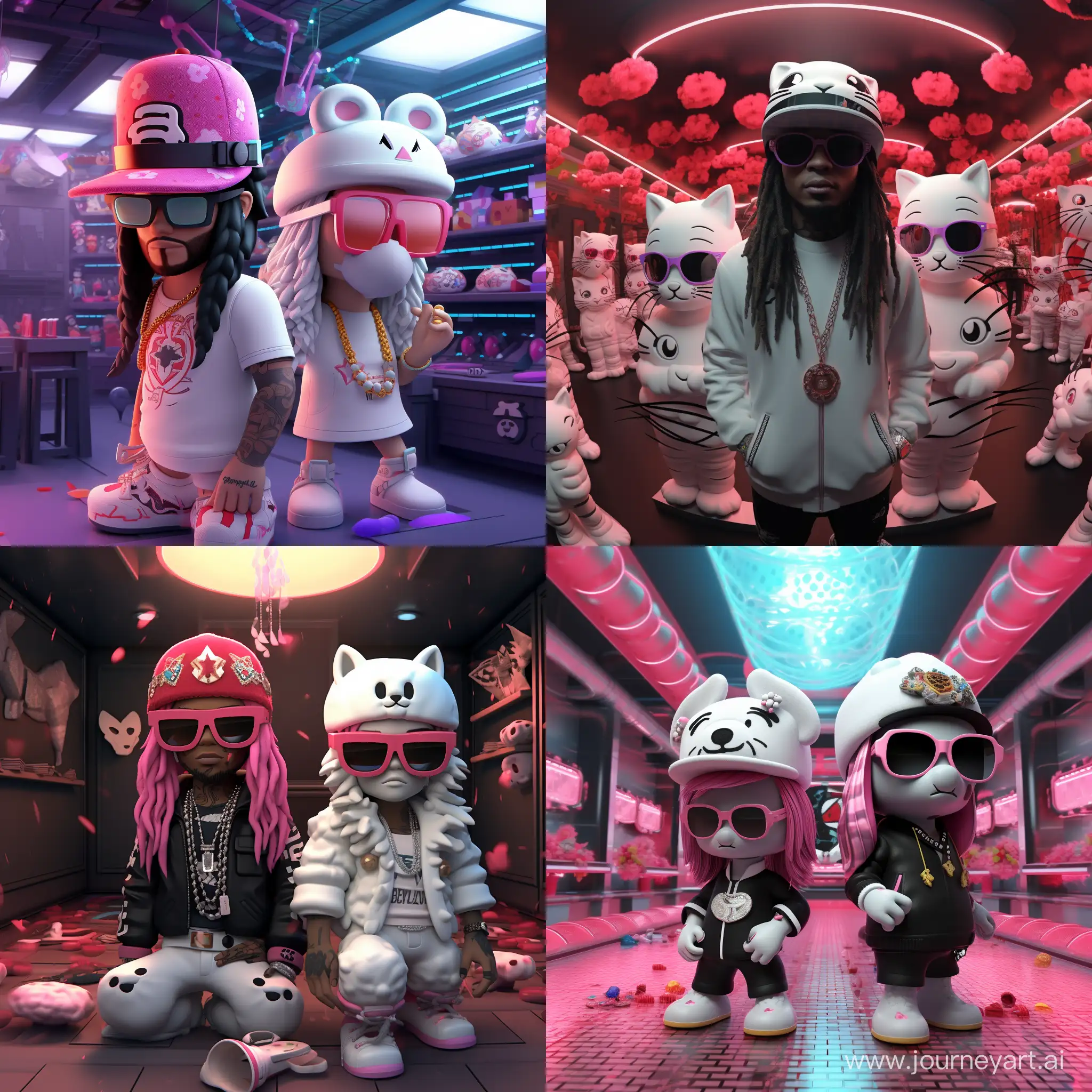 Cool-Rappers-in-Stylish-Hats-and-Sunglasses-Outside-Club-with-Hello-Kitty-in-3D