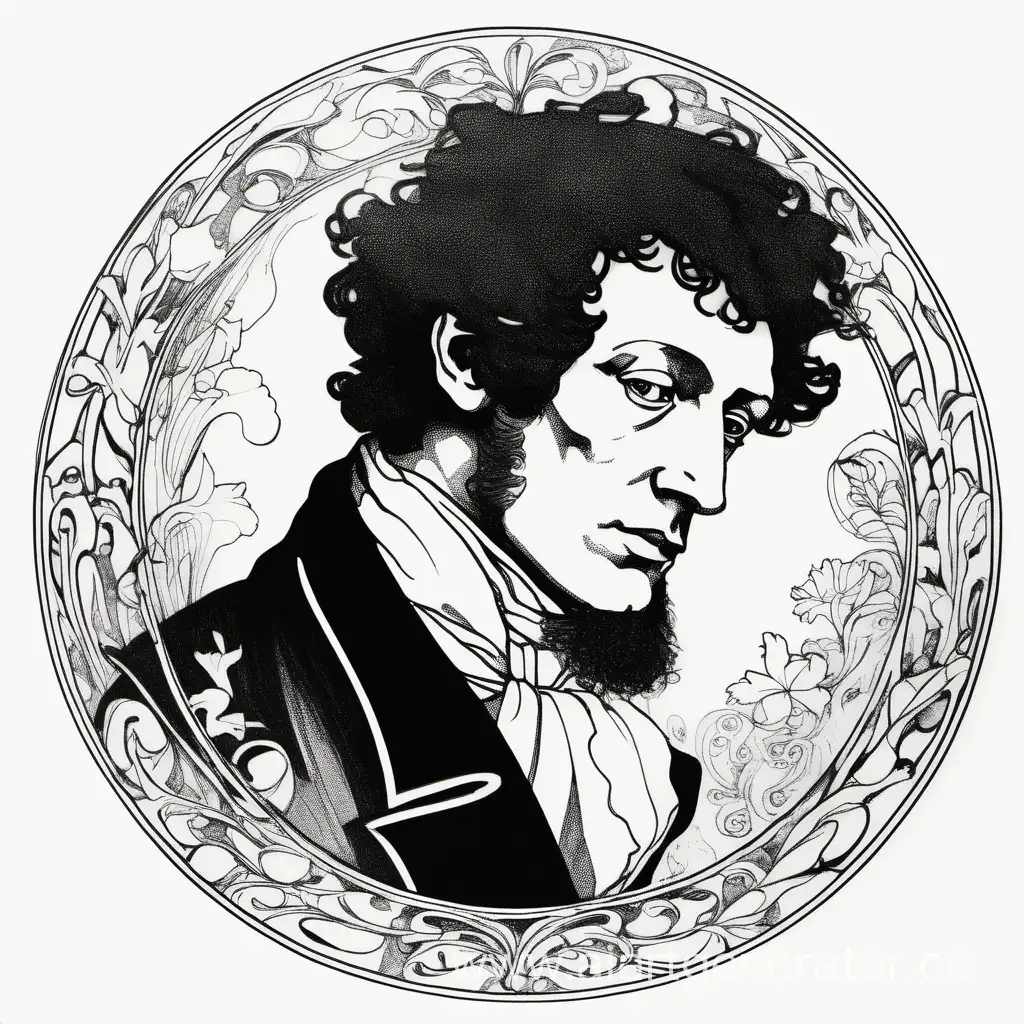 Pushkin portrait, black and white ink drawing, Aubrey Beardsley style