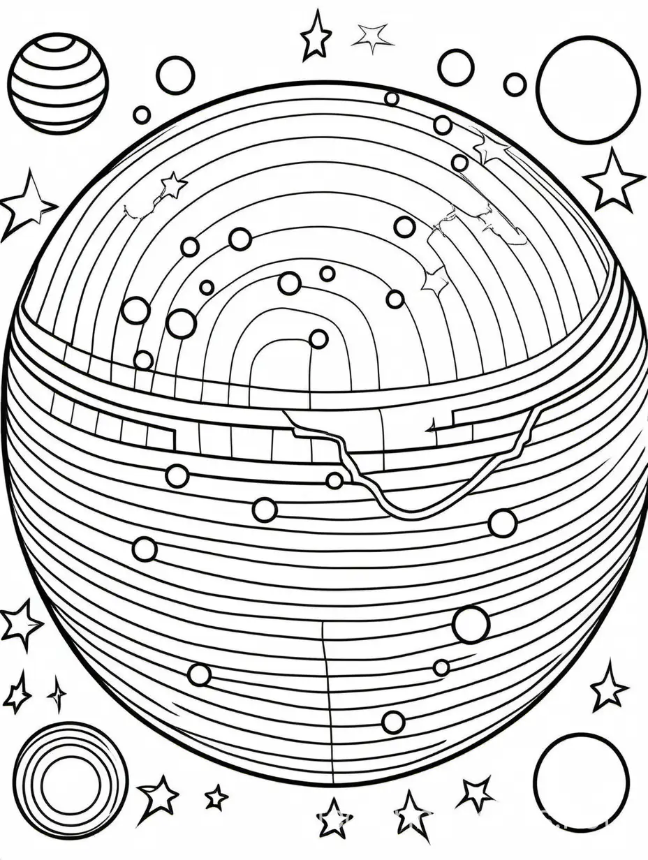 small planet, coloring book style page, white background, Coloring Page, black and white, line art, white background, Simplicity, Ample White Space. The background of the coloring page is plain white to make it easy for young children to color within the lines. The outlines of all the subjects are easy to distinguish, making it simple for kids to color without too much difficulty