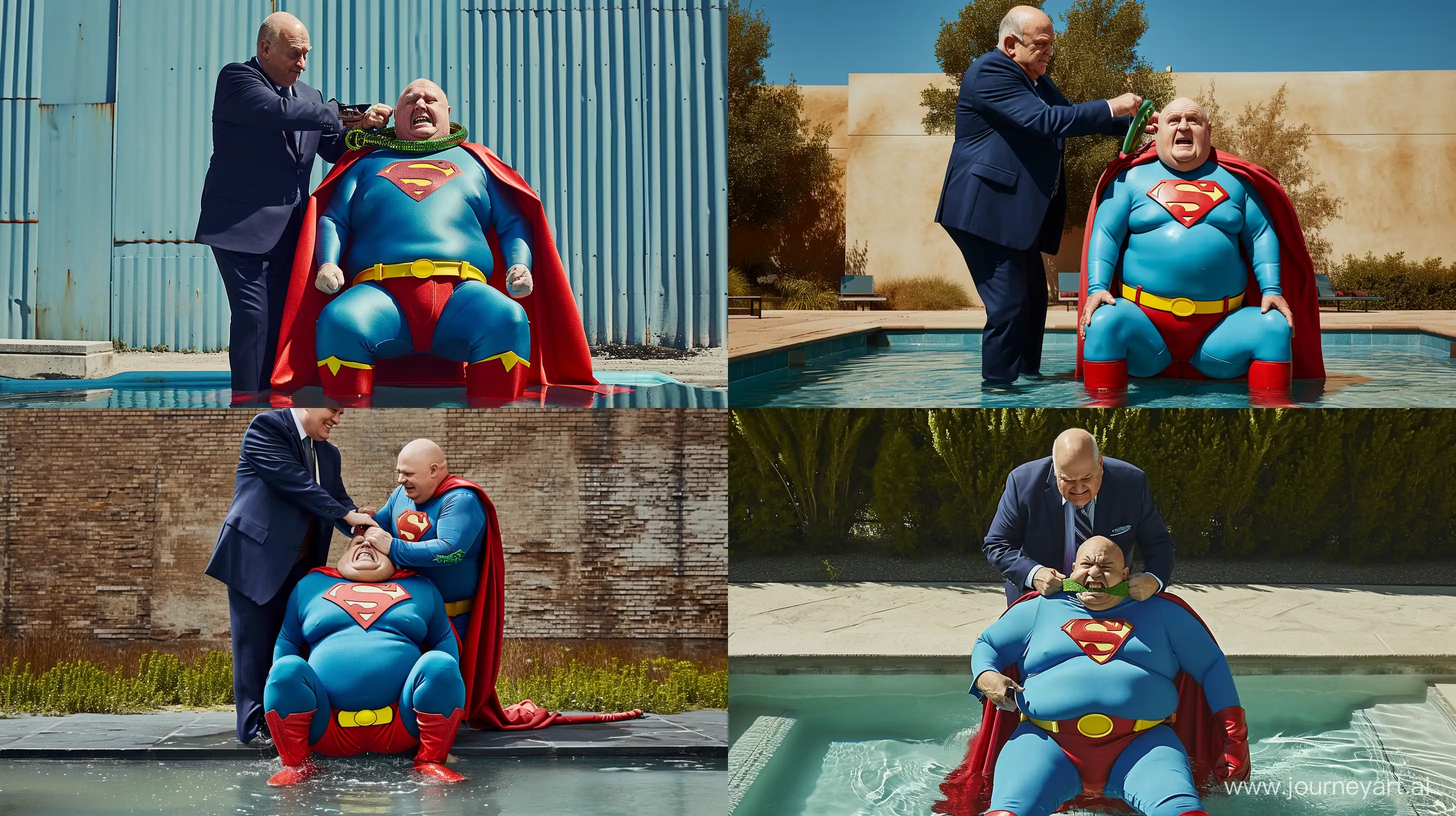 Photo of two characters together. The first man is an angry chubby man aged 70 on the right dressed in a clean slightly shiny blue superman costume with a big red cape, red boots,  blue shirt, blue pants, yellow belt and red trunks sitting in a shallow pool. The second man is a happy chubby man in a navy suit standing above him and tightening a heavy shiny green dog collar around the neck of the man on the right. Outside. --style raw --ar 16:9 --v 6