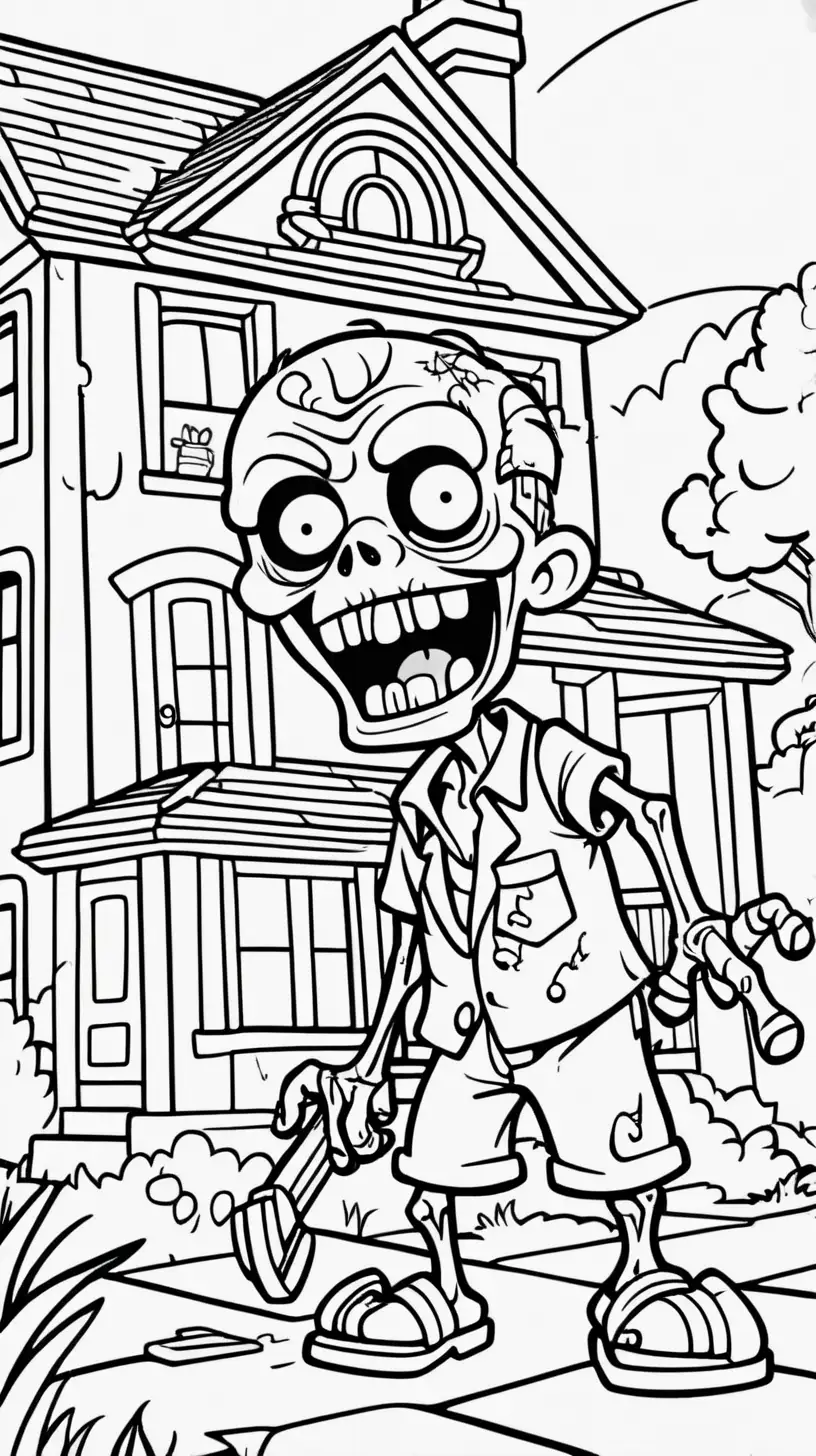 coloring book image, thick clean black line image of a cute friendly zombie painting a house
