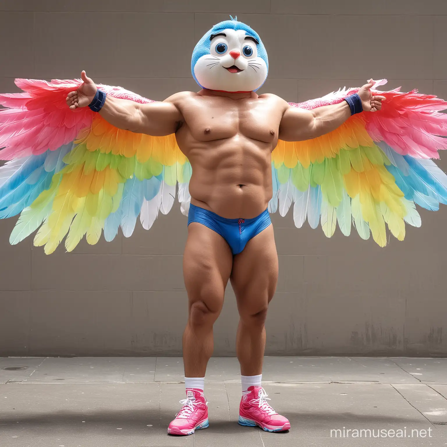 Full Body to feet Topless 30s Ultra Chunky IFBB Bodybuilder Daddy wearing Multi-Highlighter Bright Rainbow Coloured See Through Eagle Wings Shoulder Jacket Short shorts Arms Up Flexing Doraemon