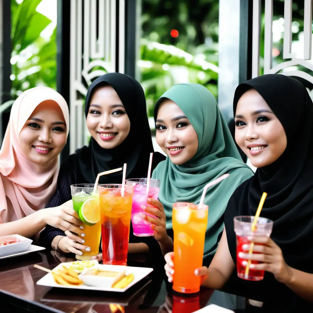 Group of Malay women enjoying soft drinks in the restaurant 