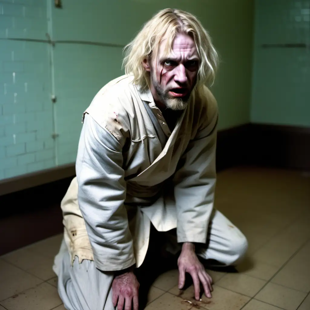 Full colour image. A thin American man with ragged blonde hair, kneeling in a straight jacket, he has lost a lot of weight, his hair is lanky and greasy, he has a thin scraggly beard. background is a padded room. 1920s sanitarium.