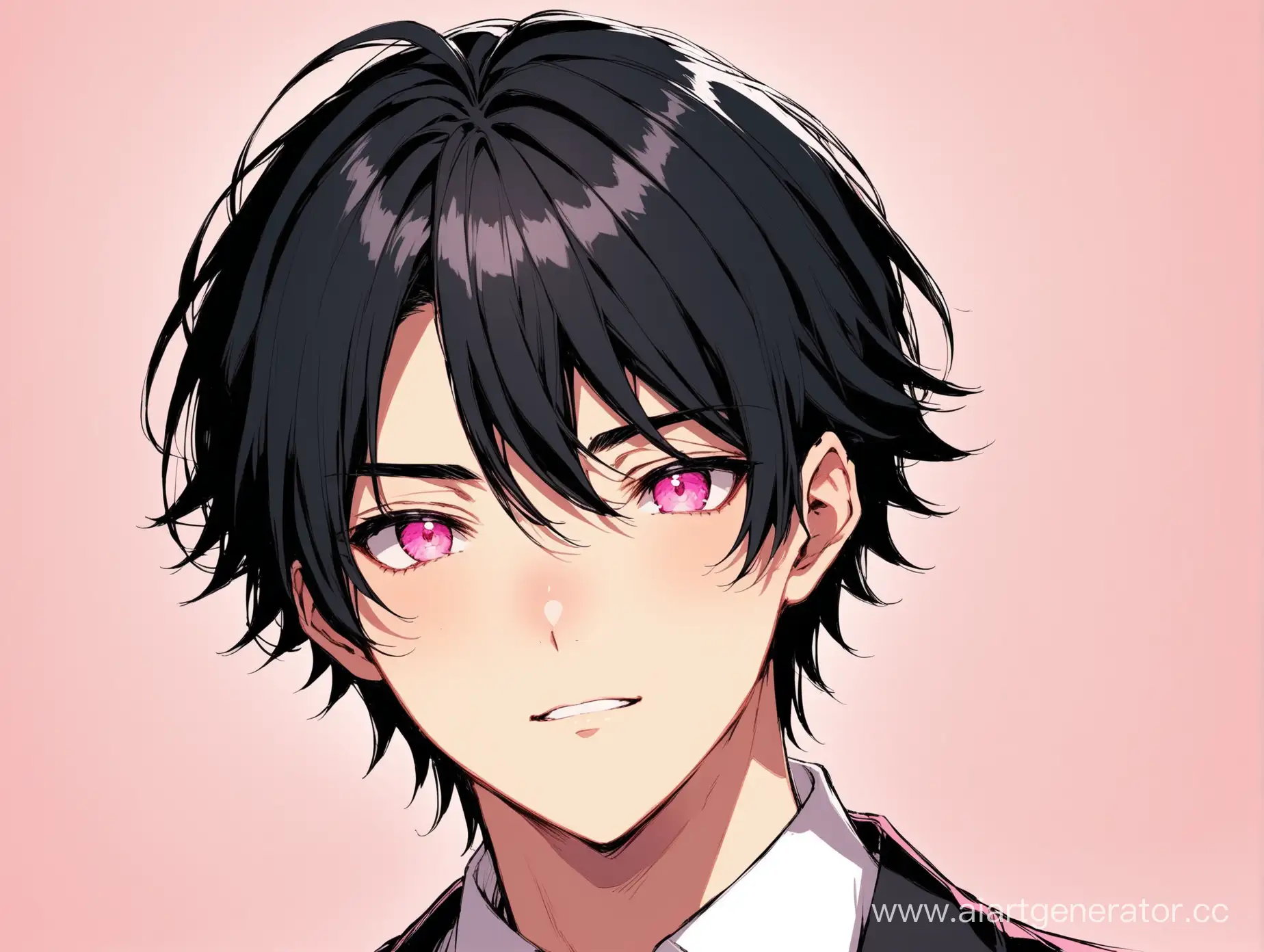 school male, black hair, pink eyes,