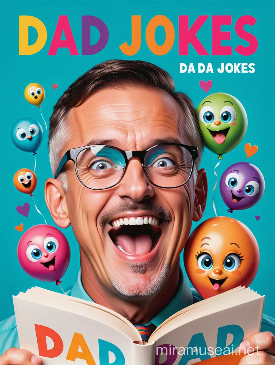 cover of a book of dad jokes, without text, only shapes and images, colorful, eye popping