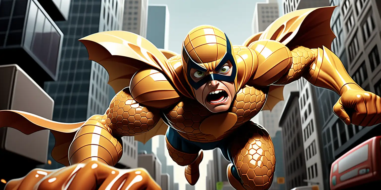 honey comb superhero saving the day in a congested cityscape, comic book artwork style