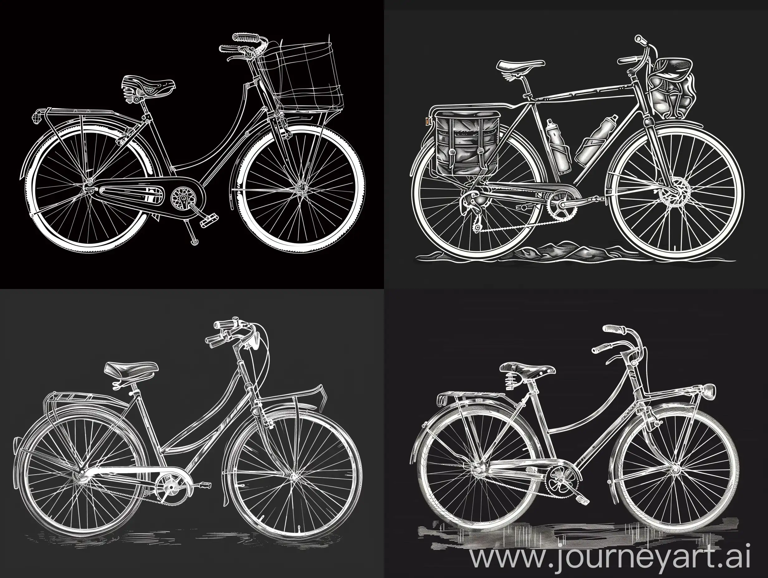 bicycle tourism, black background, vector stile white lines