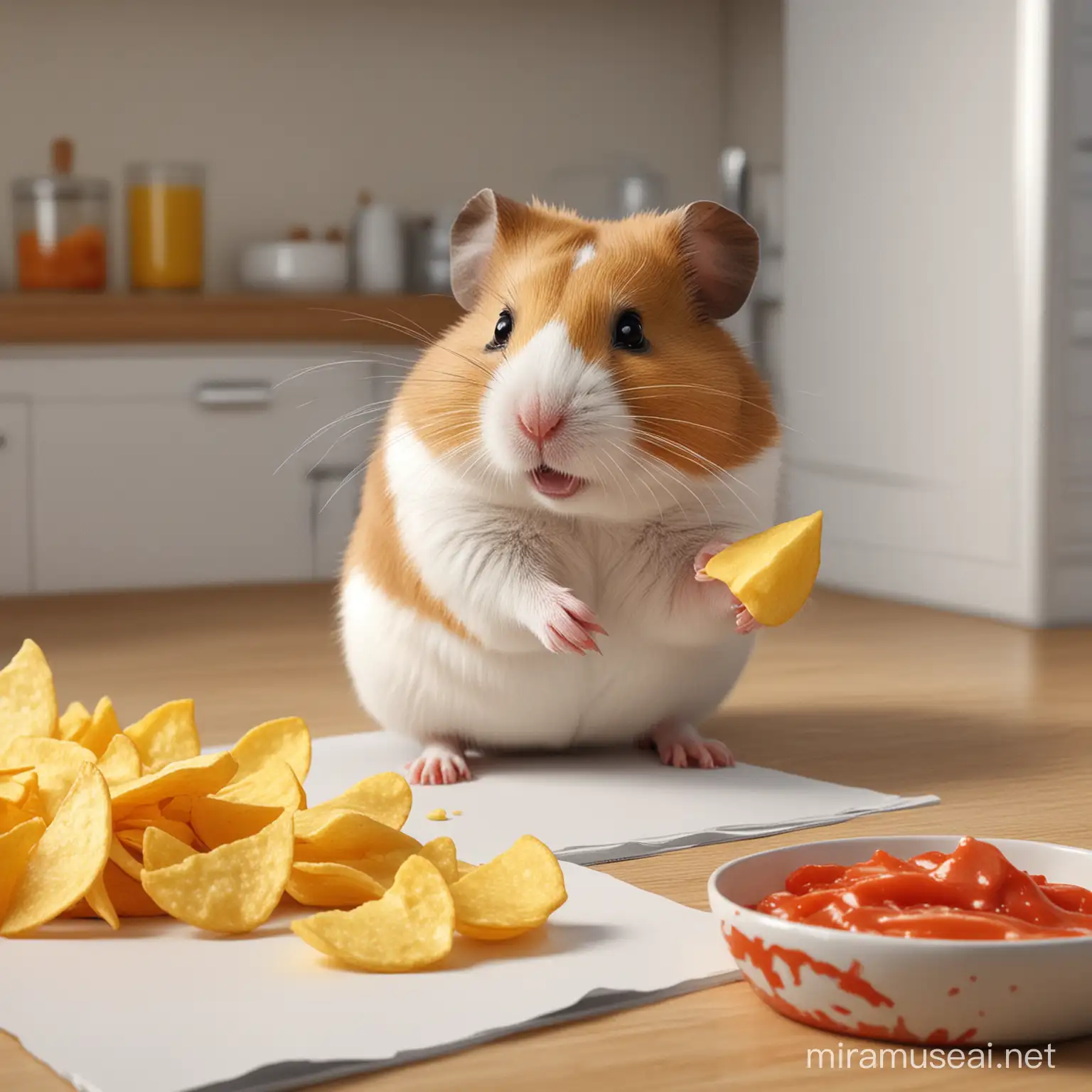Adorable Hamster Artist Enjoying Chips in Cozy Room