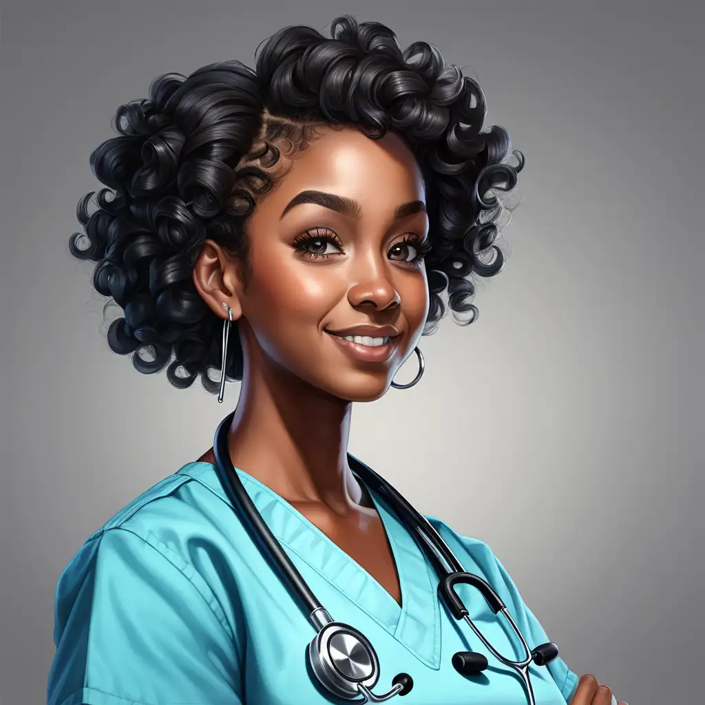 A black nurse with curly hairstyle wearing ear rings and a scope around her neck