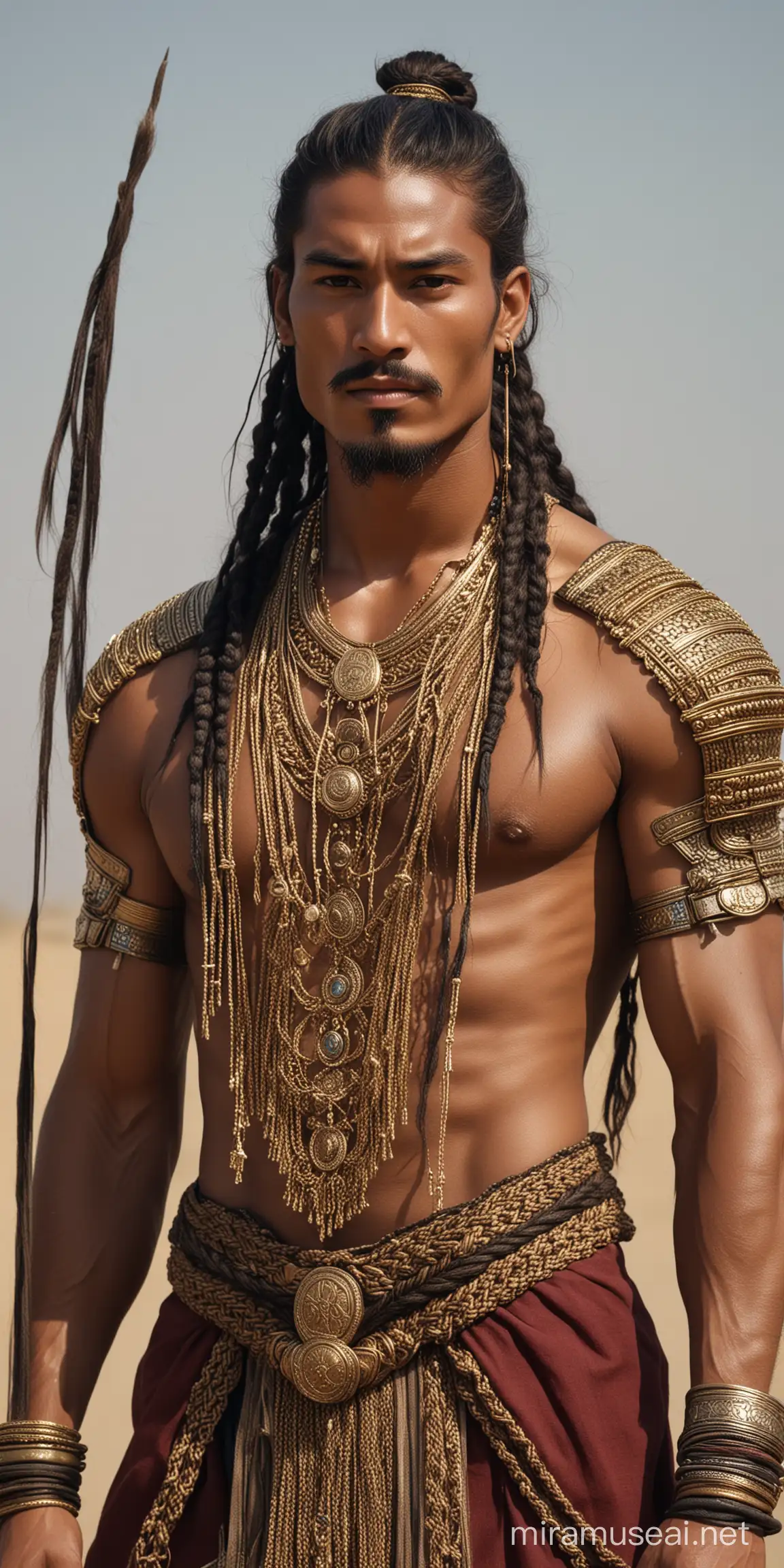 Tall and dusky-skinned, Semerkhet is handsome and lean, with hard muscles and a long reach. His forehead is broad and he wears his long hair in a bundle of braids, ornamented with gold, and a wire-enclosed chin beard. He wears Stygian travel garments befitting a noble, his weapons bejeweled and golden.