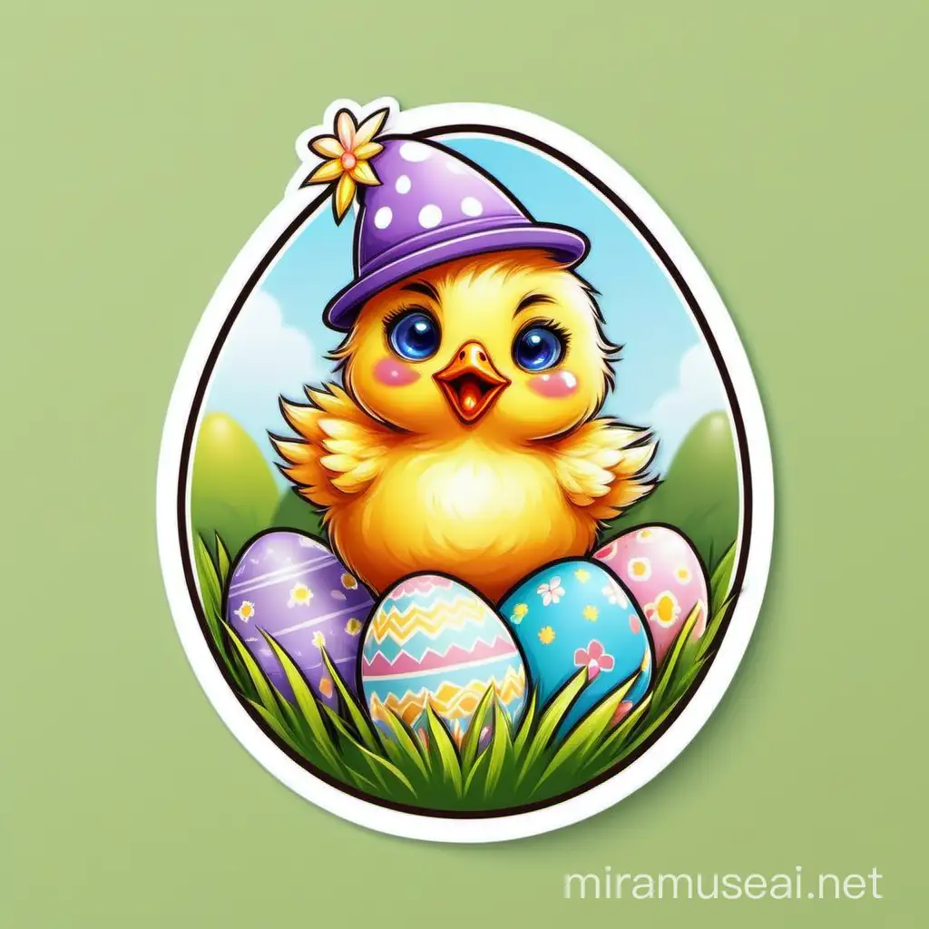 Cheerful Easter Chick Sticker with Festive Egg Design