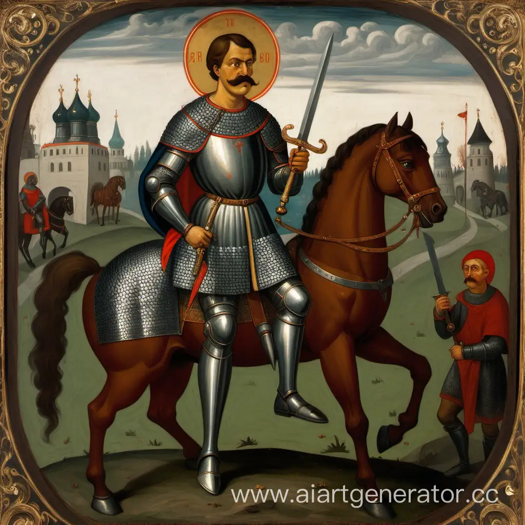 СтароРусская картина мужчины с усами без бороды одет в кольчугу времен рыцарей в руках он держит меч за его спиной стоит конь