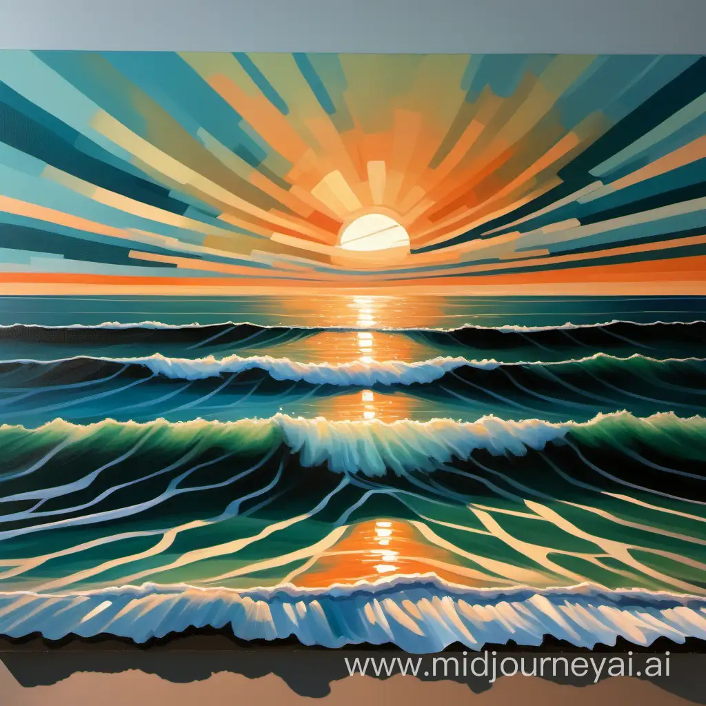 A painting of the ocean and a sunset using hues of blue, teal, green, beige and orange
