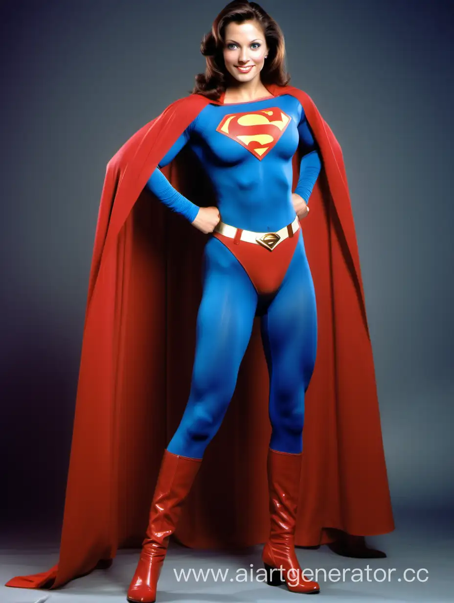 A beautiful woman with brown hair, age 30, She is happy and muscular. She has the physique of a champion bodybuilder. She is wearing a Superman costume with (blue leggings), (long blue sleeves), red briefs, red boots, and a long cape. The symbol on her chest has no black outlines. She is posed like a superhero, strong and powerful. In the style of a 1980s movie. 