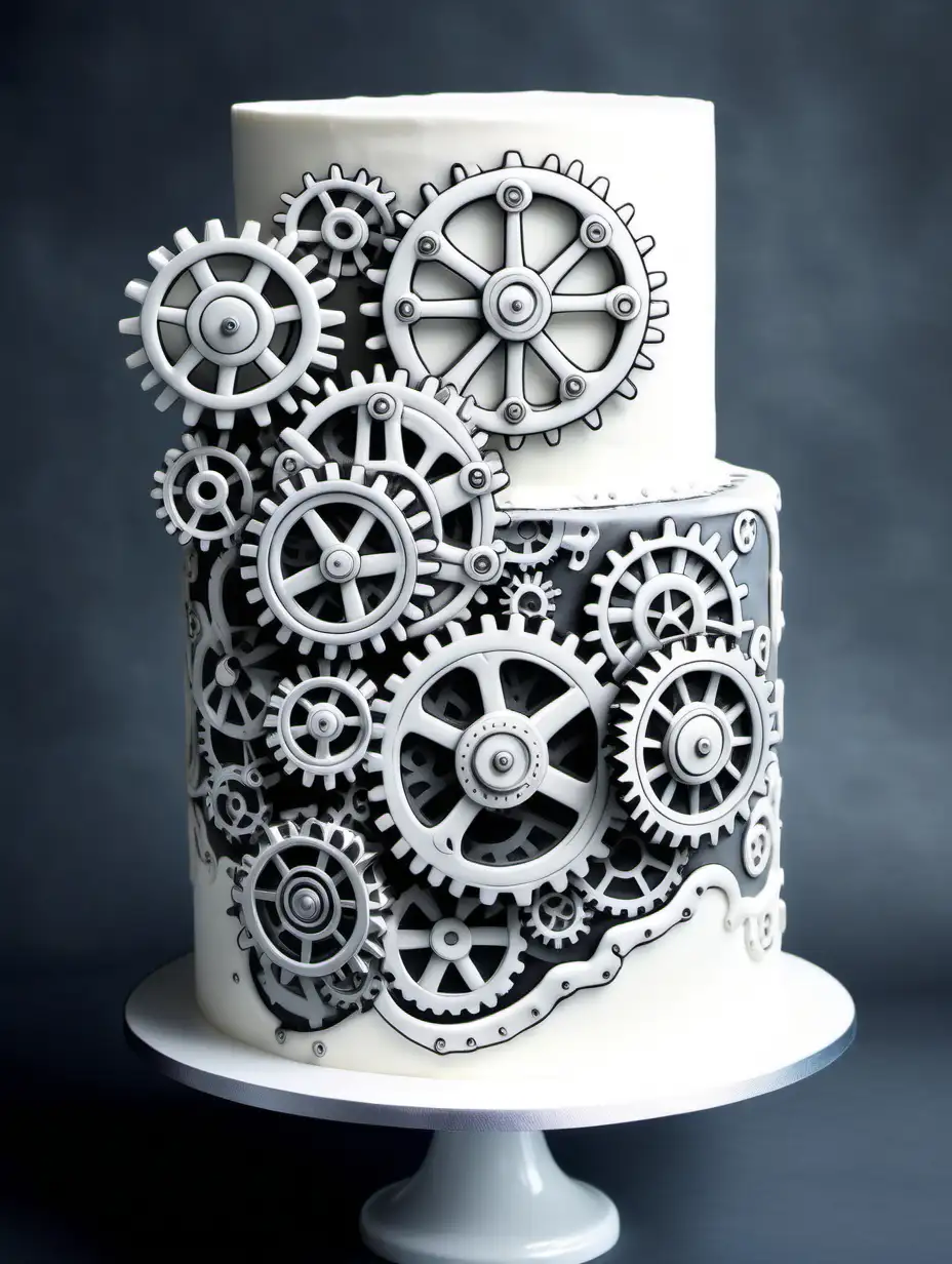 Combine white  gears, cogs with black outline, no grey, create on a all white cake with a steampunk aesthetic,  white only, no shading, colouring book 