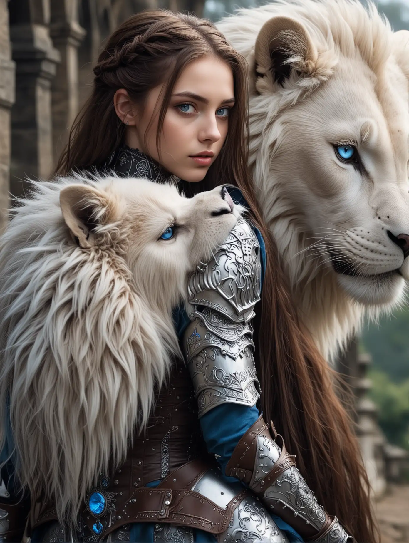 Character: Young 18 years old woman, blue eyes, brown straight long hair, gothic outfit with armor. Scenery: She kissed a white-blue  lion.