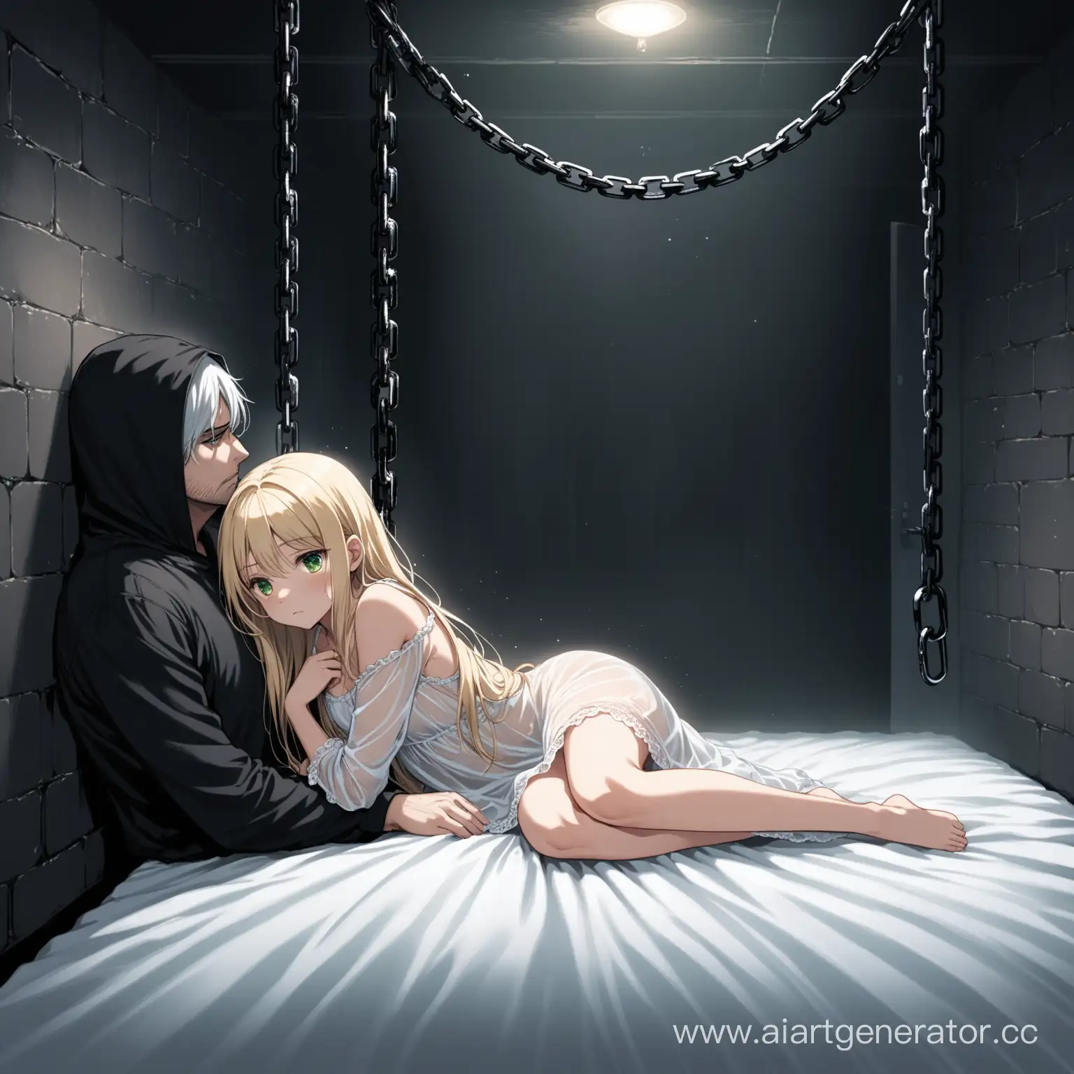 a short thin girl, blonde with long hair, green eyes, she is wearing a semi-transparent short nightgown, she is lying on a white mattress in the basement, and her leg is attached by a chain to the wall, she looks sad and detached, A very tall guy with short white hair and black eyes in black clothes is looking down at her, a dark atmosphere