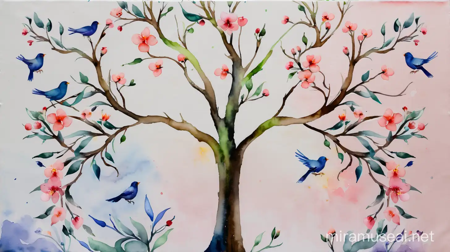 Tree with Birds and Blossom in Watercolor Style