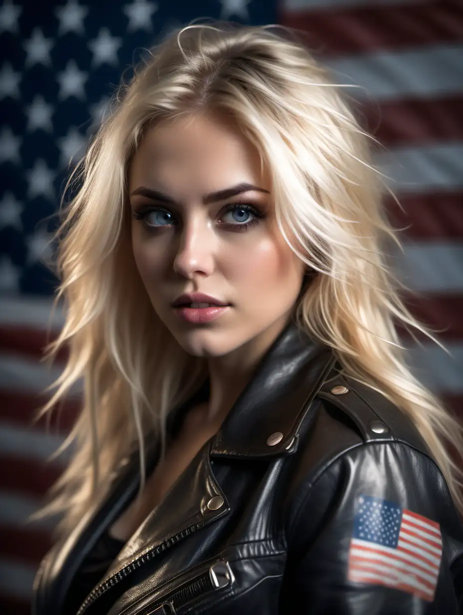 Beautiful Nordic woman, very attractive face, detailed eyes, big breasts, slim body, dark eye shadow, long messy blonde hair, wearing a leather jacket, close up, bokeh background, soft light on face, rim lighting, facing away from camera, looking back over her shoulder, standing in front of an American flag, photorealistic, very high detail, extra wide photo, full body photo, aerial photo