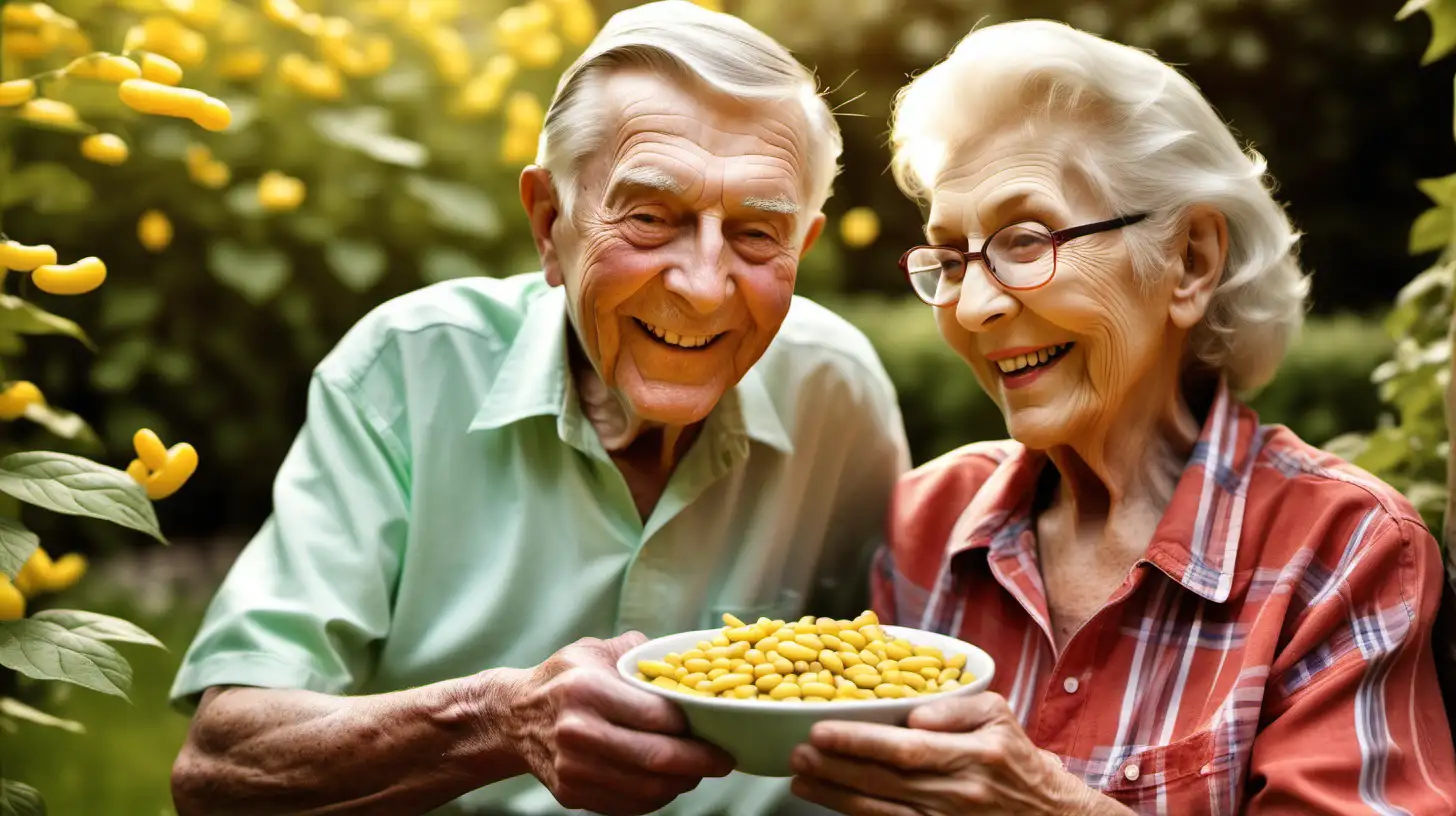 Elderly American Couple Enjoying Tranquil Garden Moment with Yellow Sticky Beans