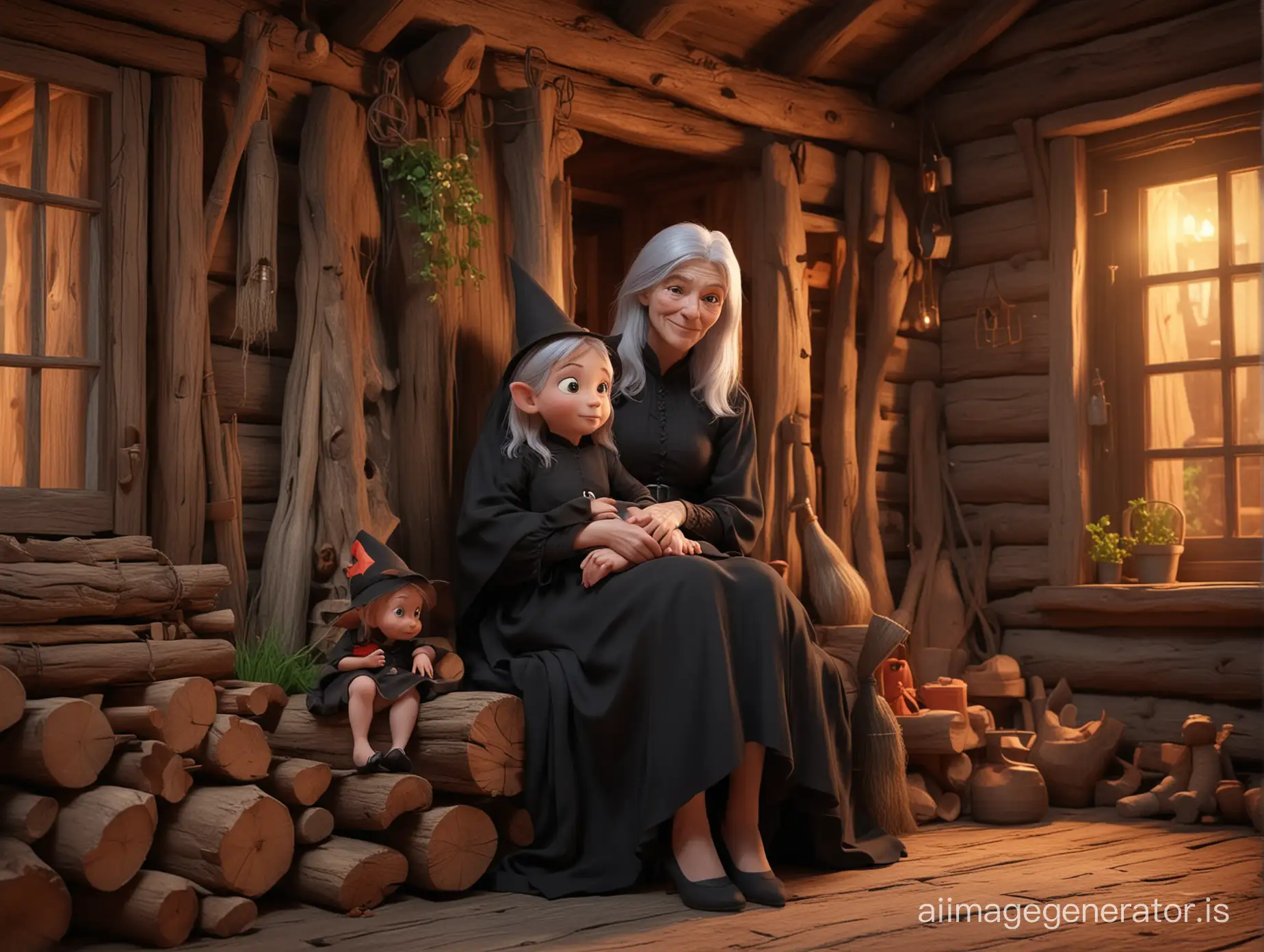 A grandmother in a black dress, with gray hair, looks like a cute elderly witch, sits with her granddaughter on her lap, the granddaughter has red hair and green eyes, she is very sweet, against the backdrop of the ancient interior of a log hut, night outside the window, cartoon style, 3D rendering, magical atmosphere