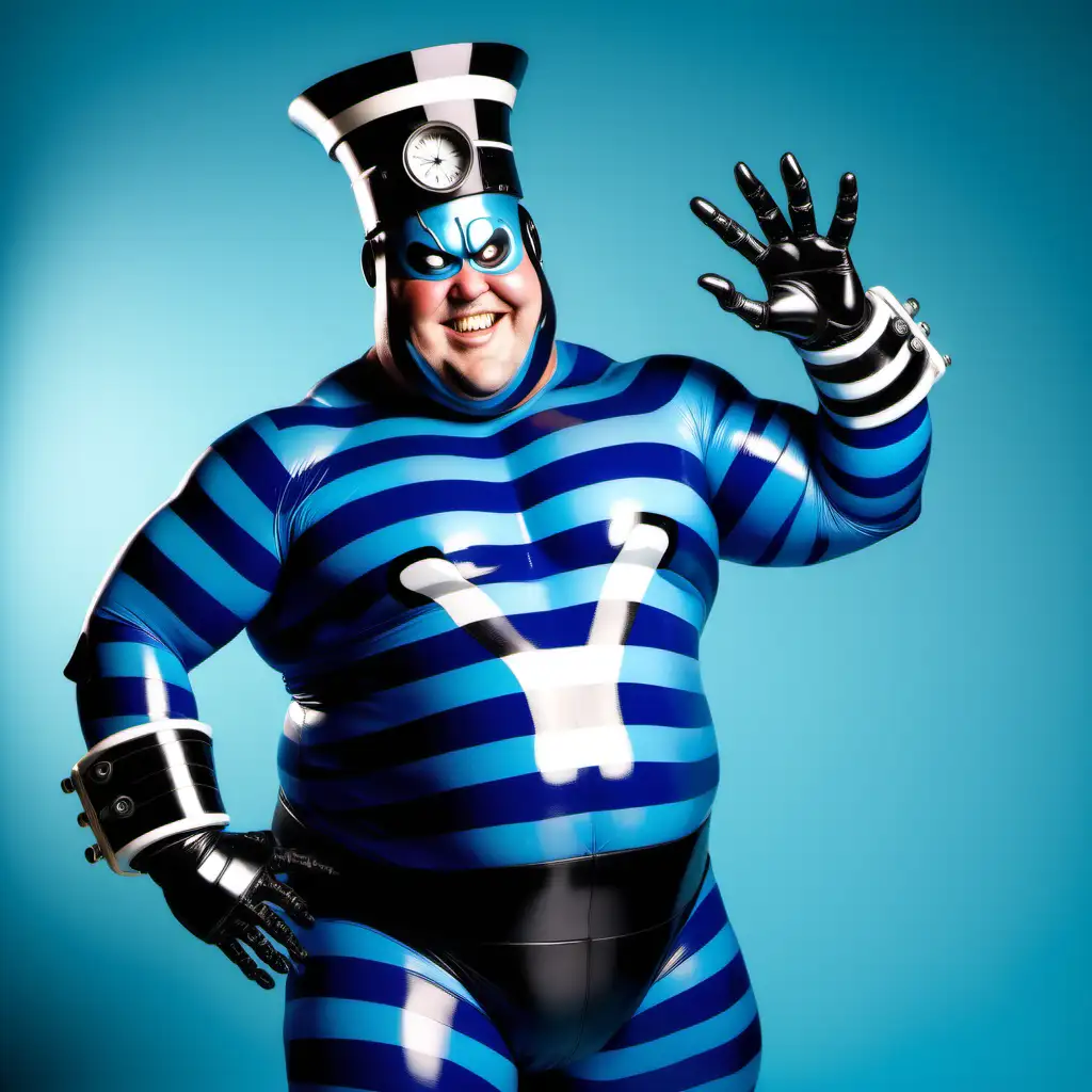 clinically obese handsome man, navy blue pacific blue skintight striped costume, adult propeller hat on his head, with cyborg hand, and black teeth. The background should be a chic miami