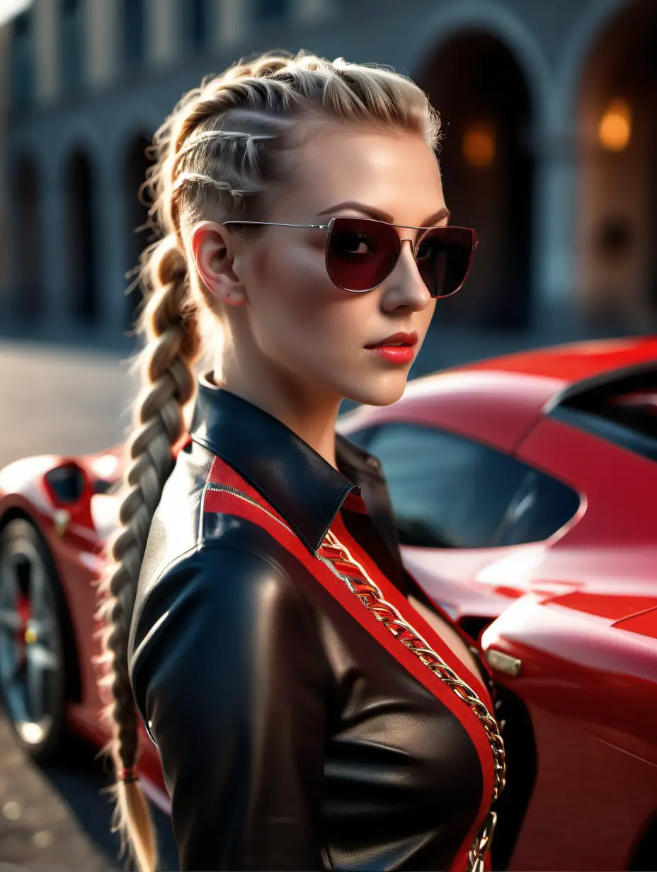 Beautiful Nordic woman, very attractive face, detailed eyes, perfect breasts, slim body, dark eye shadow, blonde hair in a long Mohawk braid, small black Gucci sunglasses, bokeh background, soft light on face, rim lighting, facing away from camera, looking back over her shoulder, red Ferrari Modena in the background, photorealistic, very high detail, extra wide photo, full body photo, aerial photo