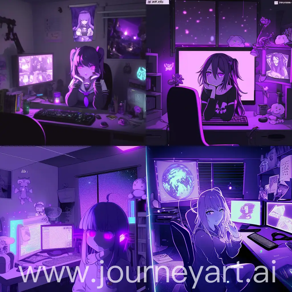 Inside a teen room with dark themes, create a female avatar with a sleepy expression on her face, with a long messy purple colored hair with bangs, white skin with a loose black shirt, purple sleepy eyes, and looking at the computer screen.